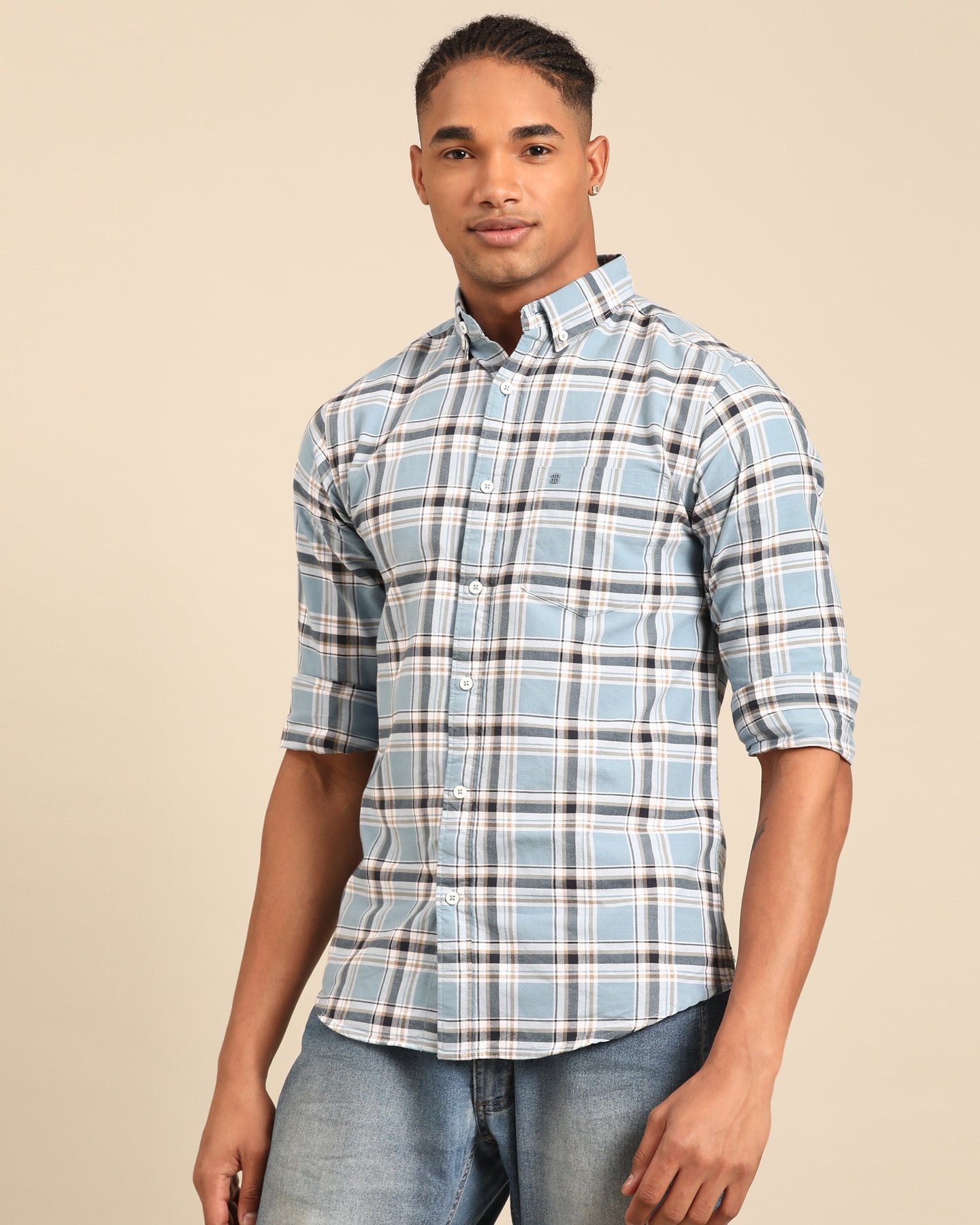 Oxford Yarn Grey Tartan Plaid Checkered Full Sleeve Shirt