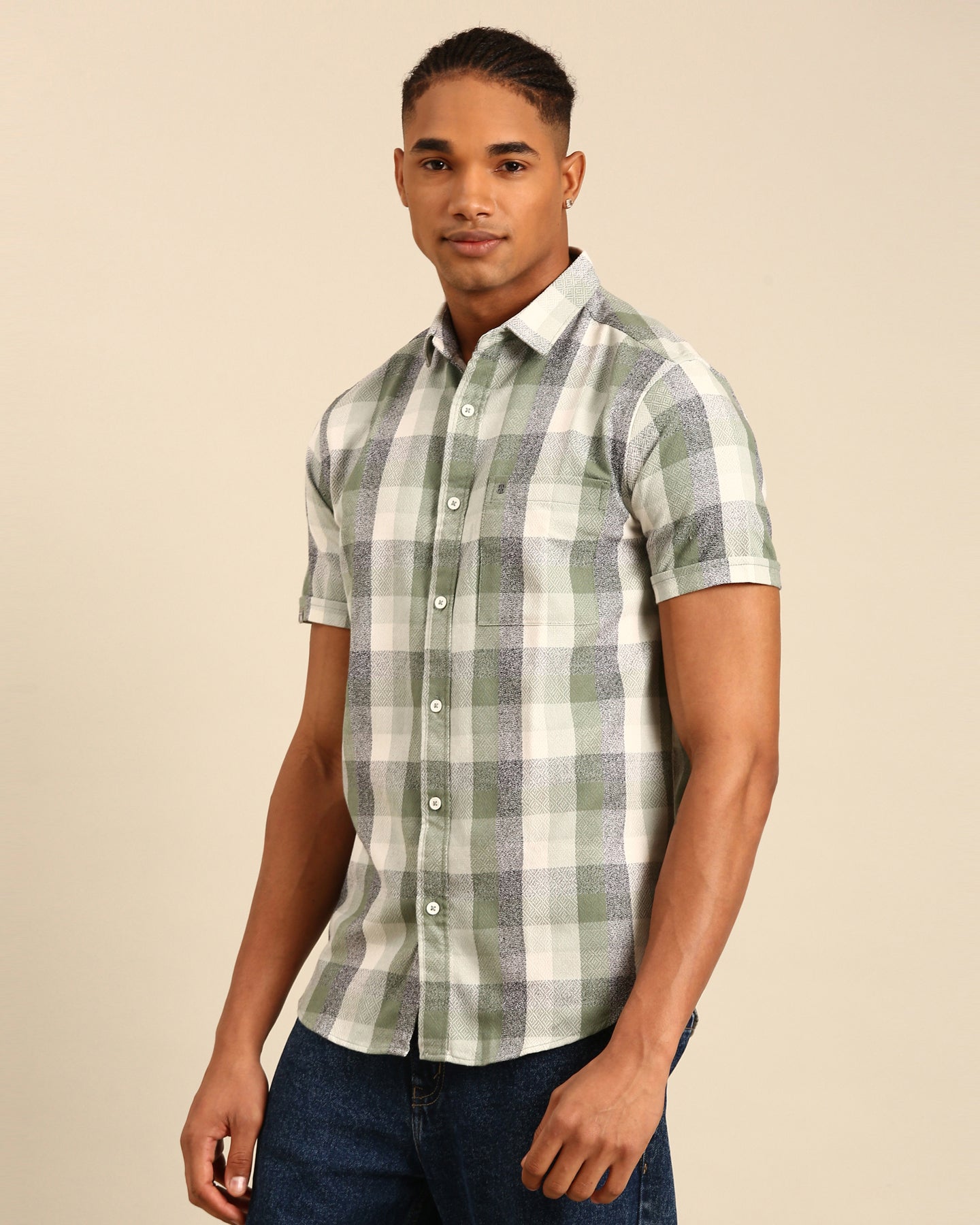 Classic Milange Mint-Green Window pane Checked Full Sleeve Shirt