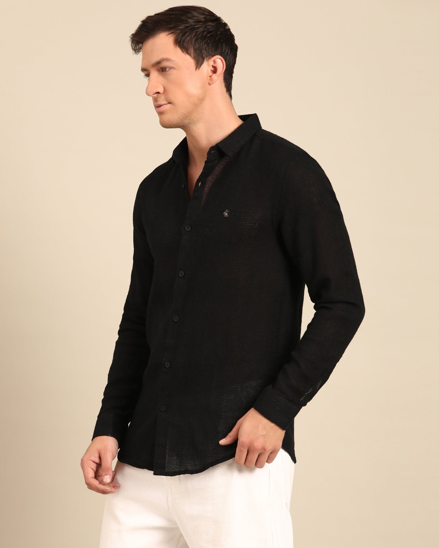 Jute Cotton Solid Black Self Stripe Full Sleeve Shirt