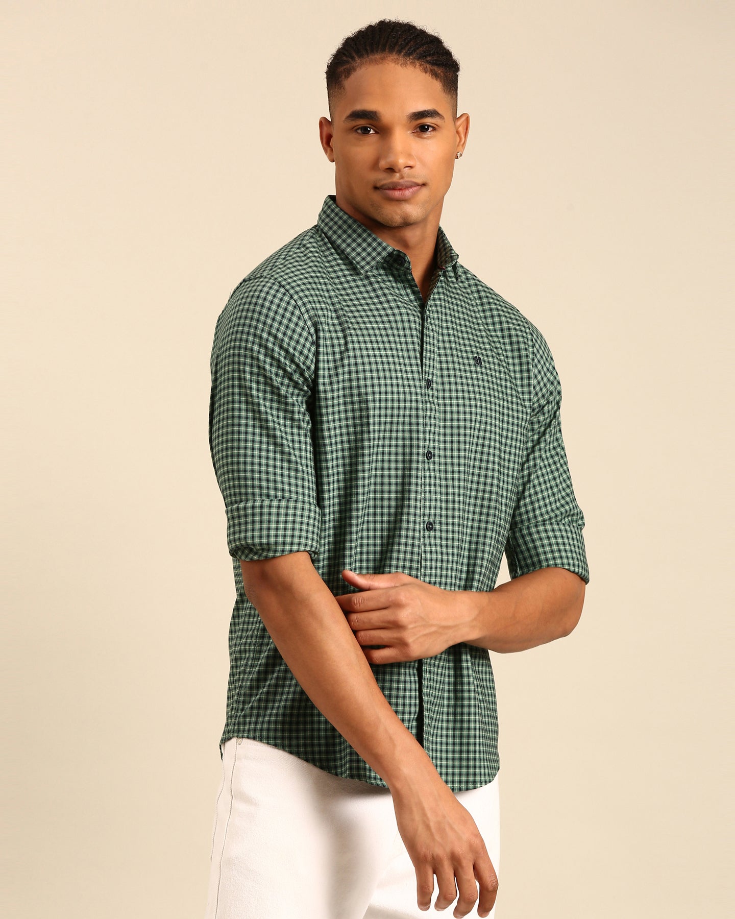 Power Lycra Green-Black Gingham Checkered Full Sleeve Shirt