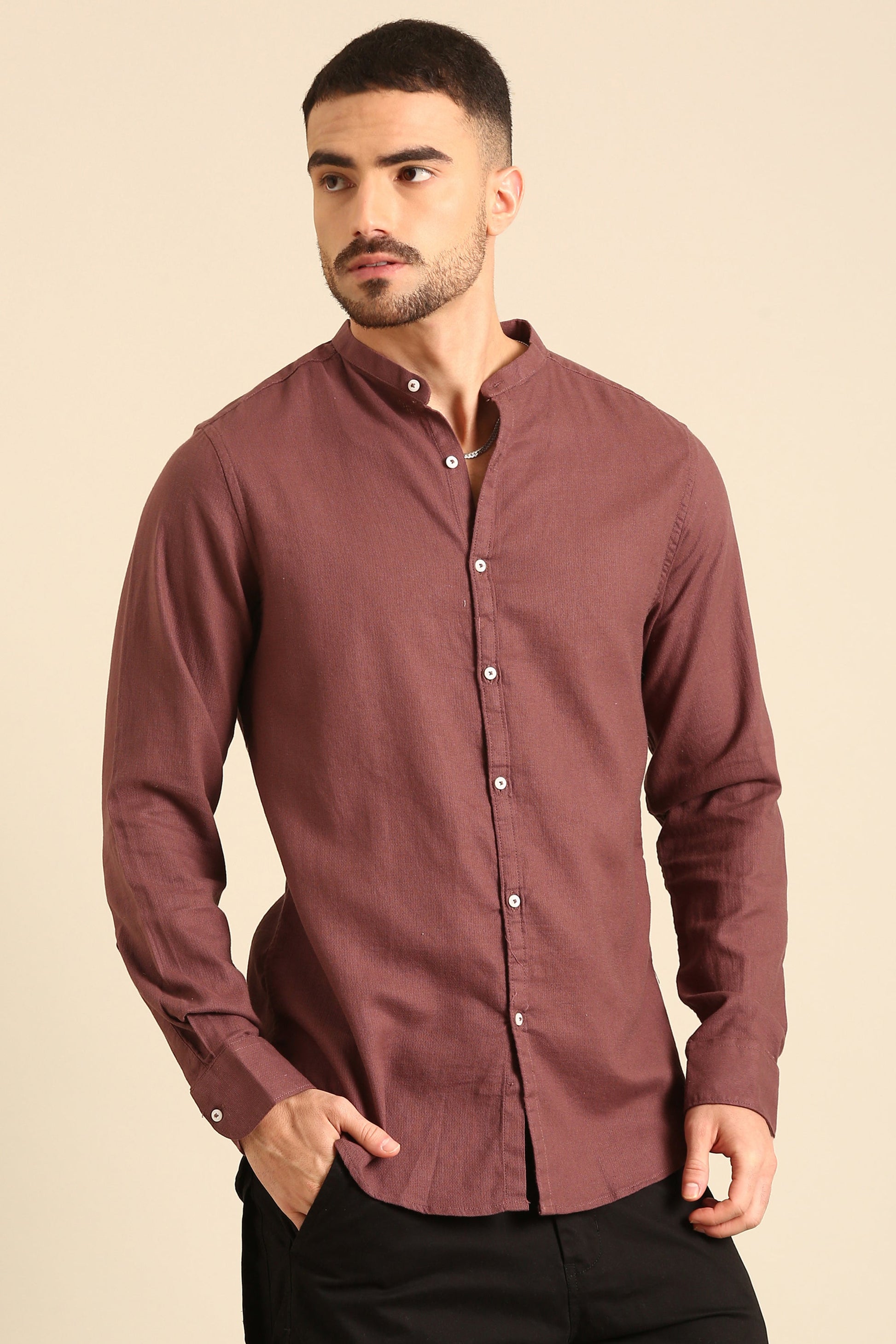 Jute Cotton Dyed Brown  Full Sleeve Shirt With Band Collar
