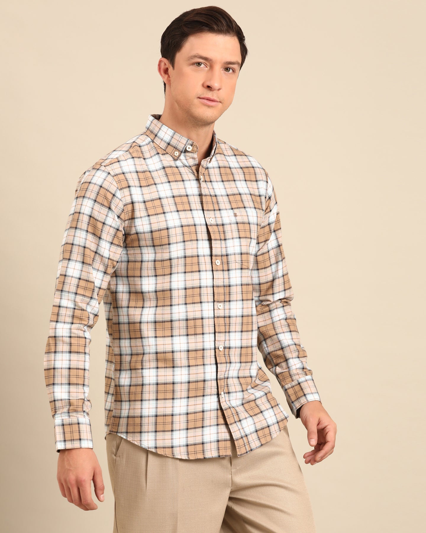 Pure Cotton Brown-White Windowpane Checkered Full Sleeve Shirt