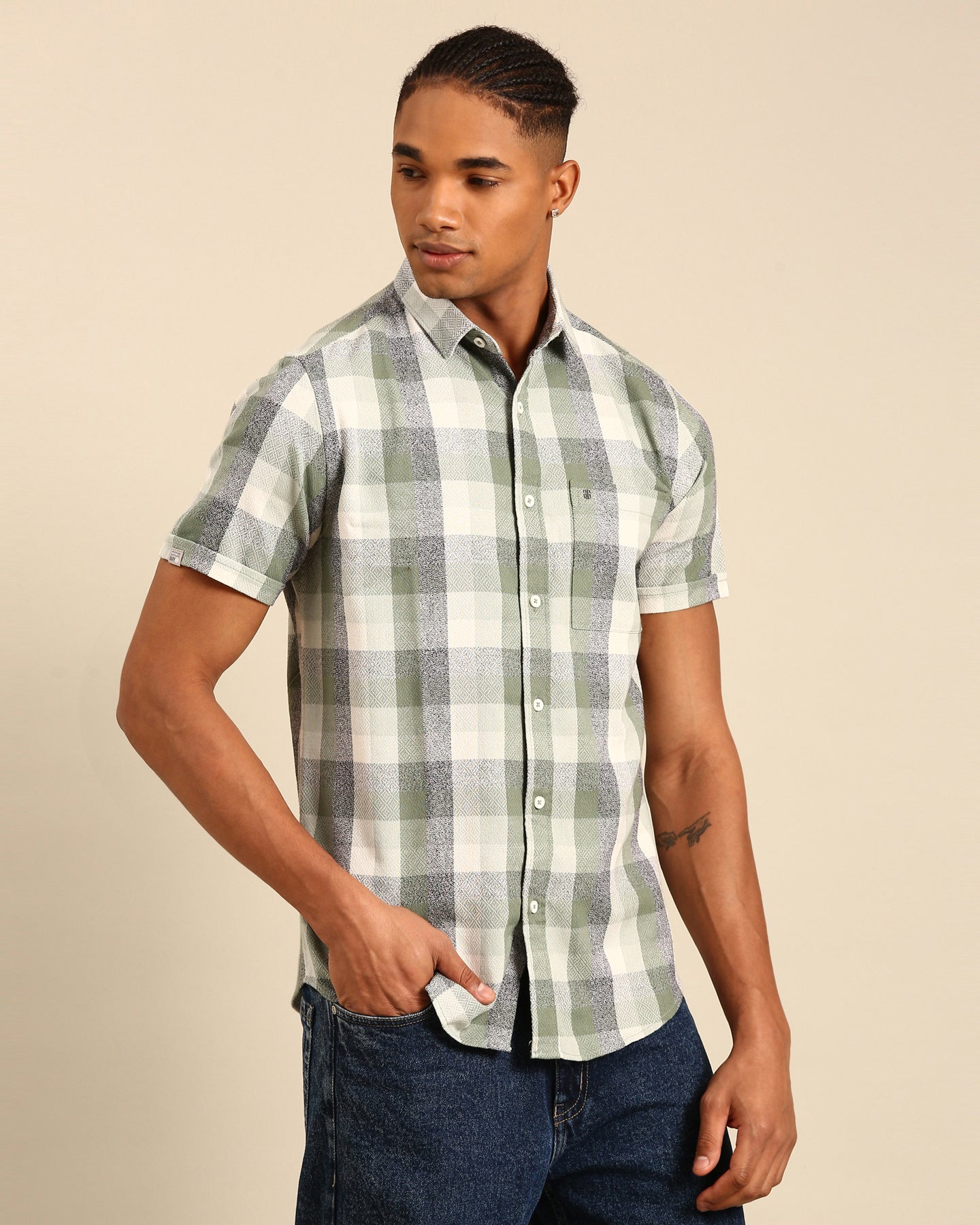 Classic Milange Mint-Green Window pane Checked Full Sleeve Shirt