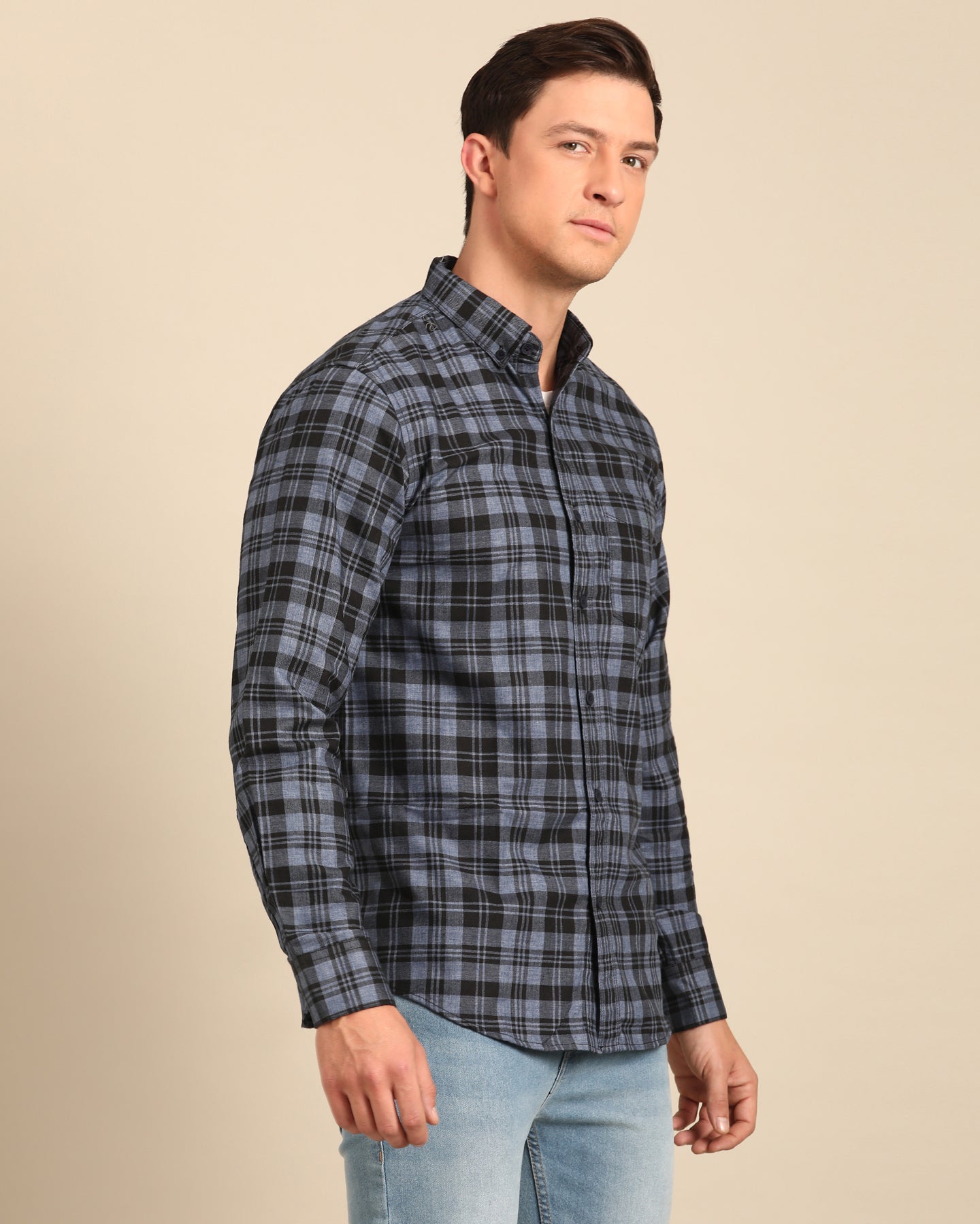 Milange Yarn Blue-Black Tartan Plaid checkered Full Sleeve Shirt