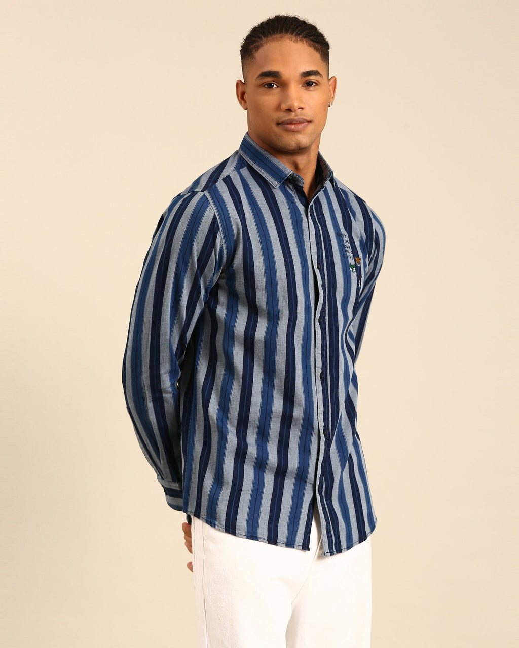 Yarn Dyed Indigo Variegated Stripe Navy Blue-Grey Full Sleeve Shirt
