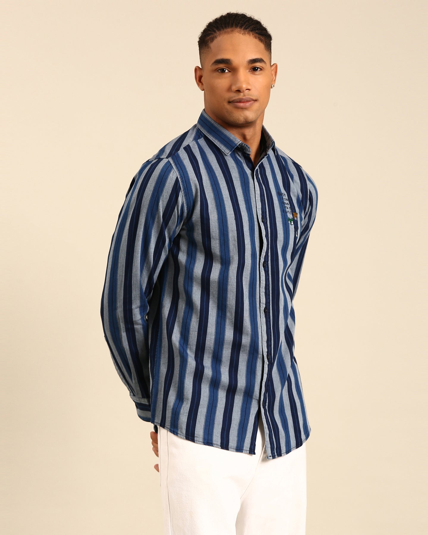Yarn Dyed Indigo Variegated Stripe Navy Blue-Grey Full Sleeve Shirt