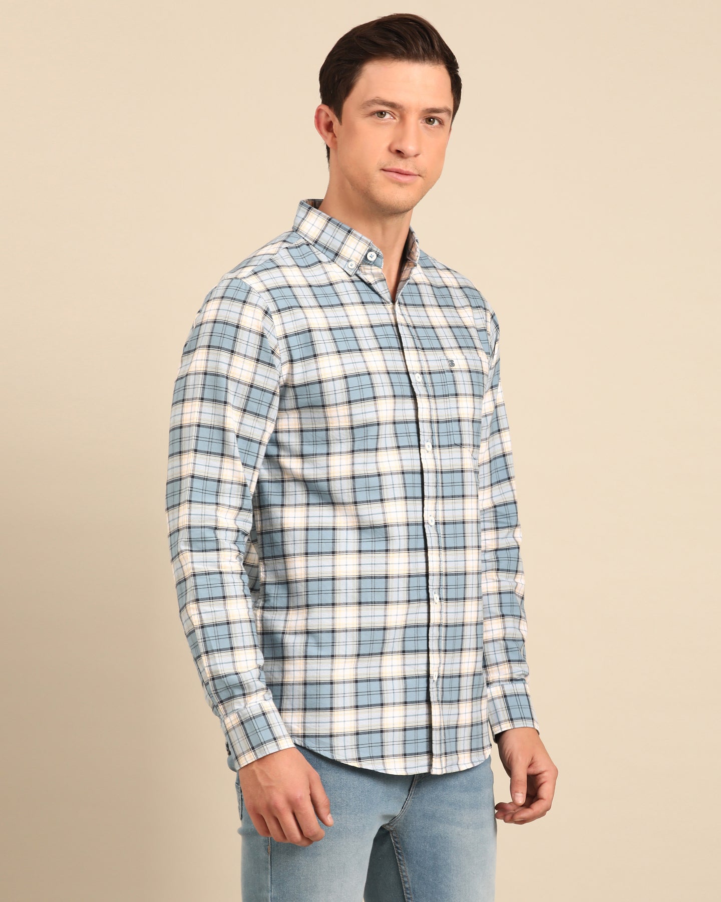 Oxford Yarn Grey Window Pane Checkered Full Sleeve Shirt