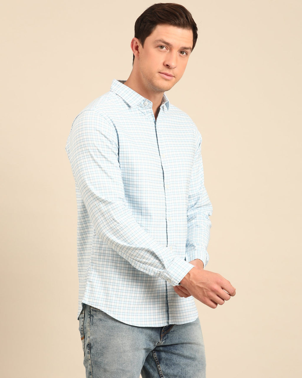 Sky Blue and White Gingham Check Full Sleeve Shirt | Cotton-Lycra Blend