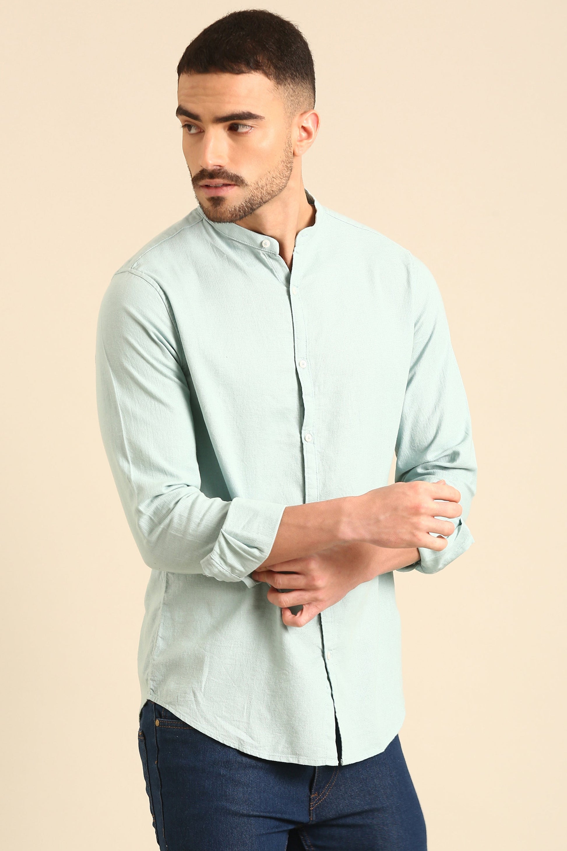 Jute Cotton Dyed Mint green  Full Sleeve Shirt With Band Collar