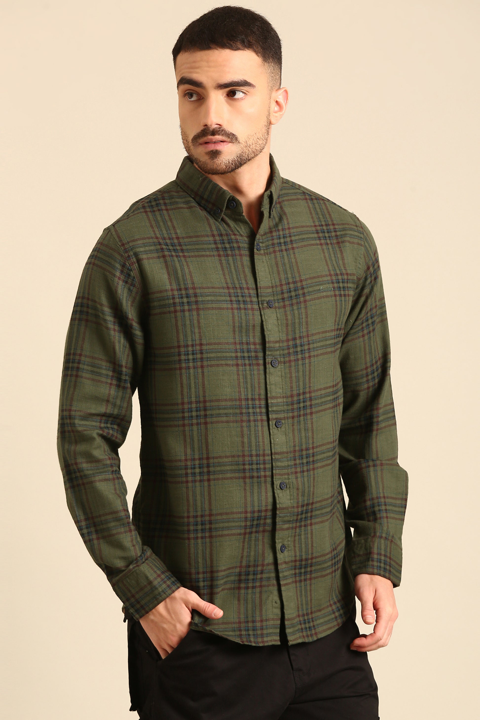 Classic Seaweed Green  Checked Full Sleeve Shirt For Men