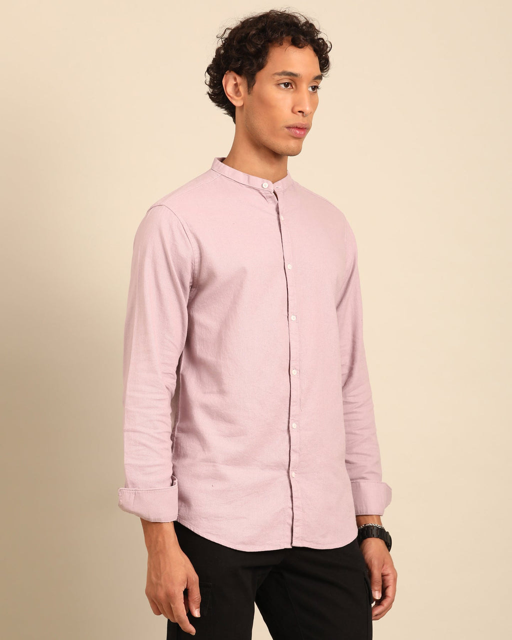 Jute Cotton Solid Cherry Blossom Full Sleeve Shirt With Band Collar
