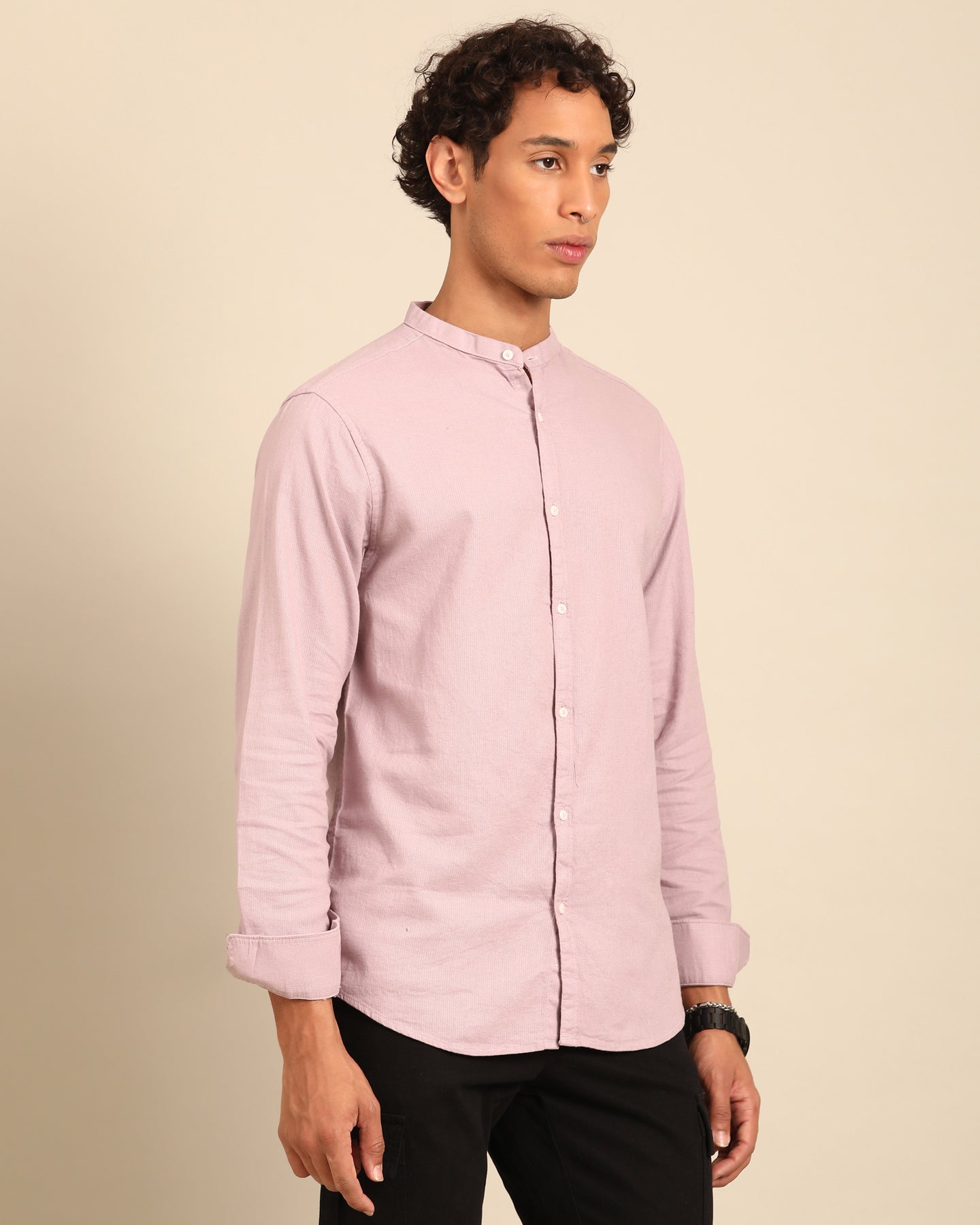 Jute Cotton Solid Cherry Blossom Full Sleeve Shirt With Band Collar