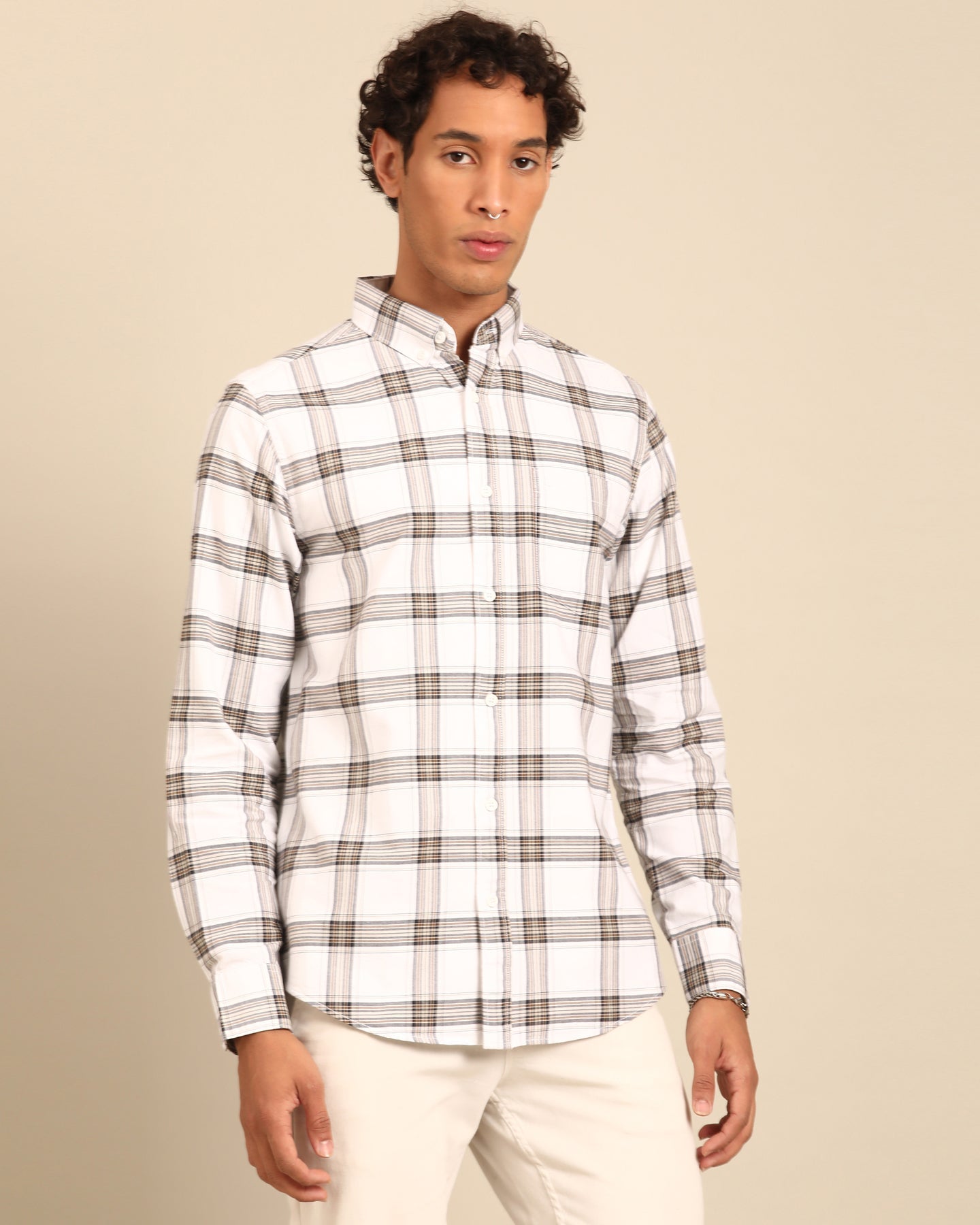 Oxford Yarn White-Black Window Pane Checkered Full Sleeve Shirt