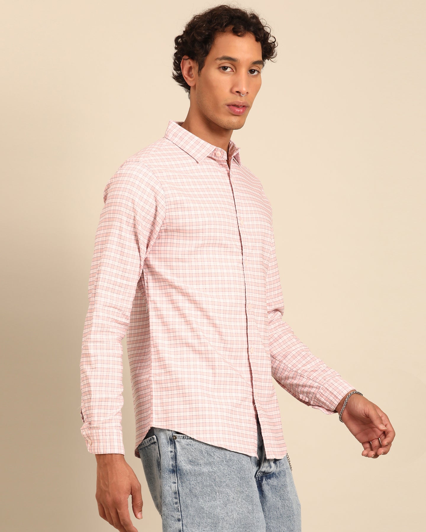 Pink and White Gingham Check Full Sleeve Shirt | Cotton-Lycra Blend