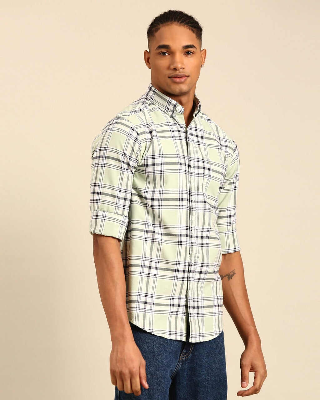 Oxford Yarn Mint Green Tartan Plaid Checkered Full Sleeve Shirt