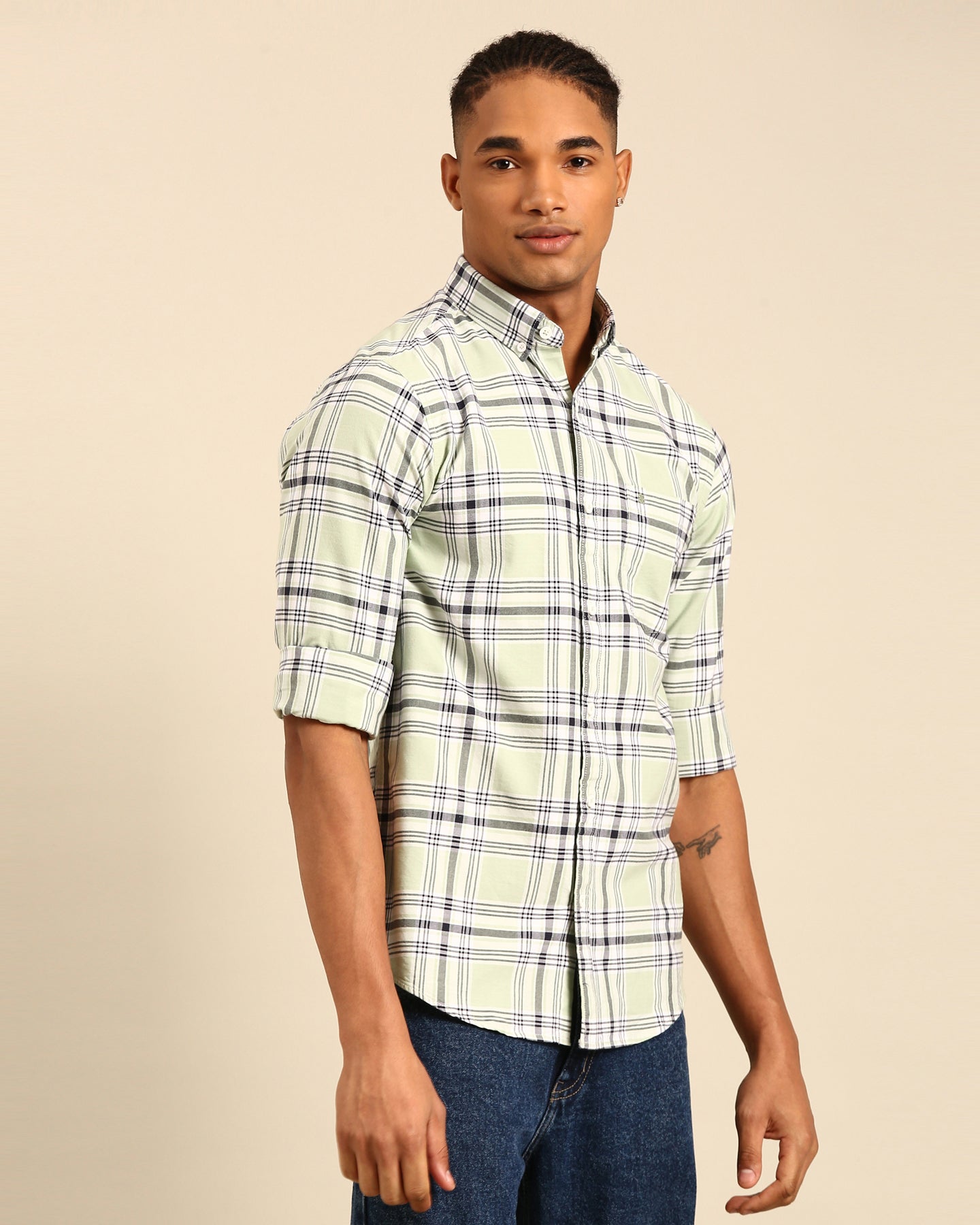 Oxford Yarn Mint Green Tartan Plaid Checkered Full Sleeve Shirt