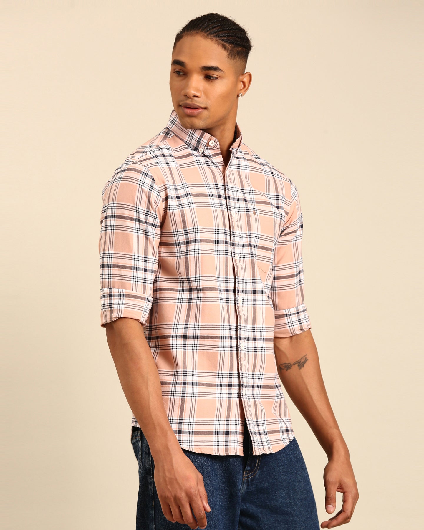 Oxford Yarn Plaster Pink Tartan Plaid Checkered Full Sleeve Shirt
