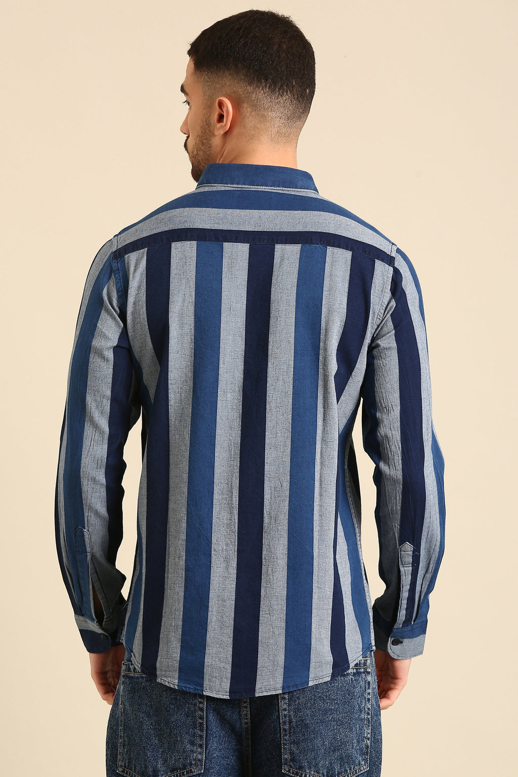Men'S Full Sleeve Indigo -Grey  Stripe Print Viscose Shirt