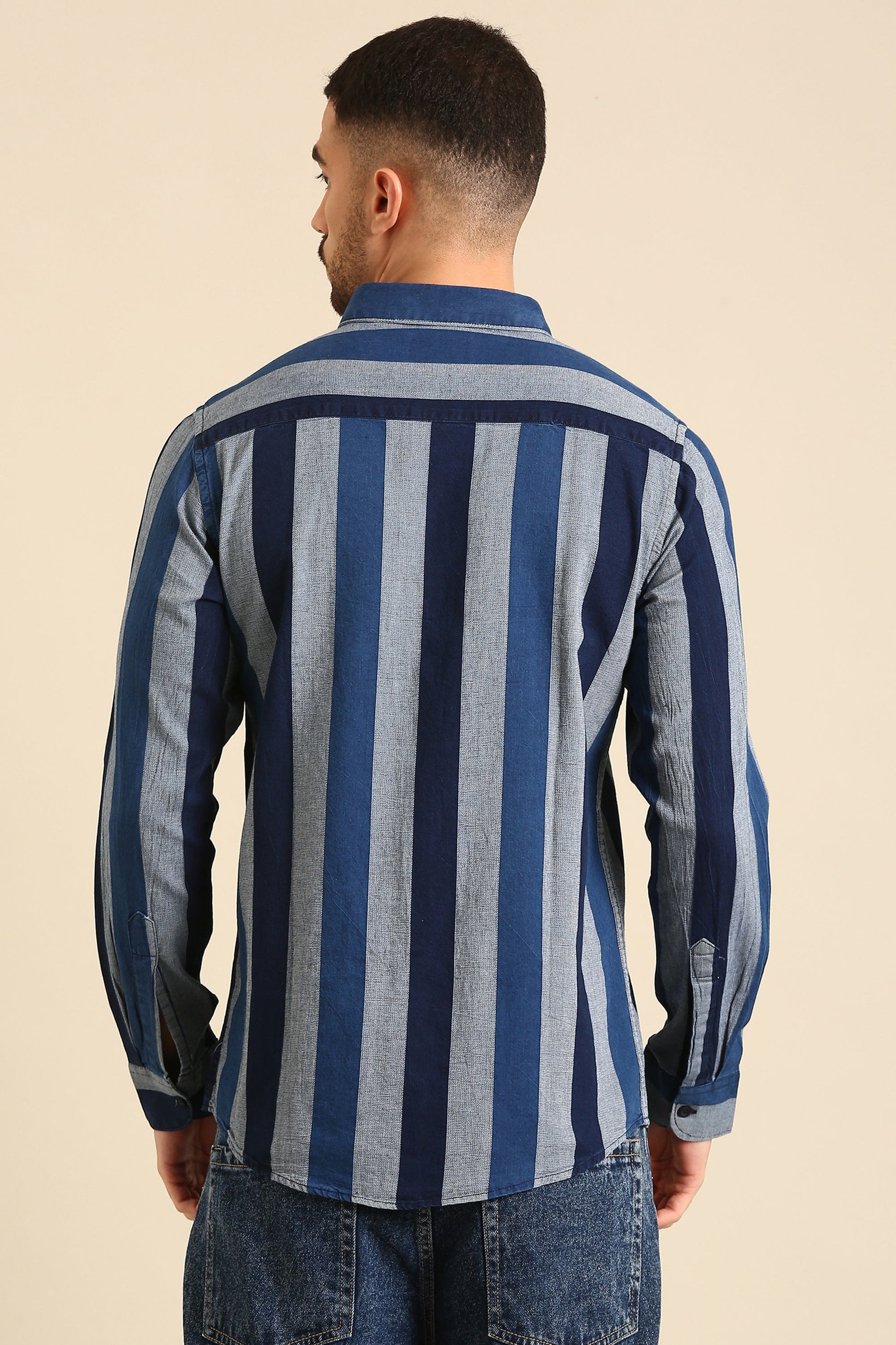 Men'S Full Sleeve Indigo -Grey  Stripe Print Viscose Shirt