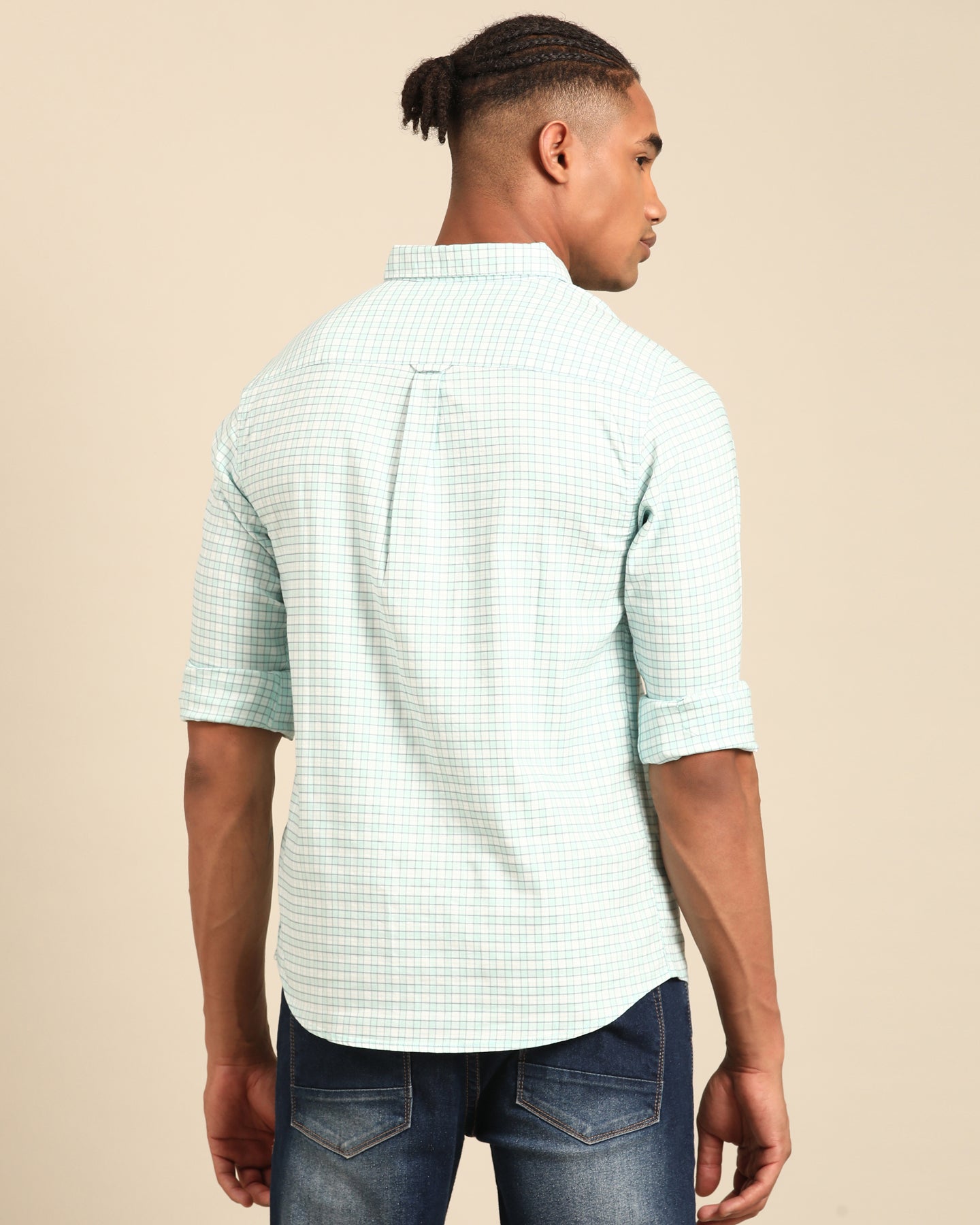 Mint and White Gingham Check Full Sleeve Shirt | Cotton-Lycra Blend