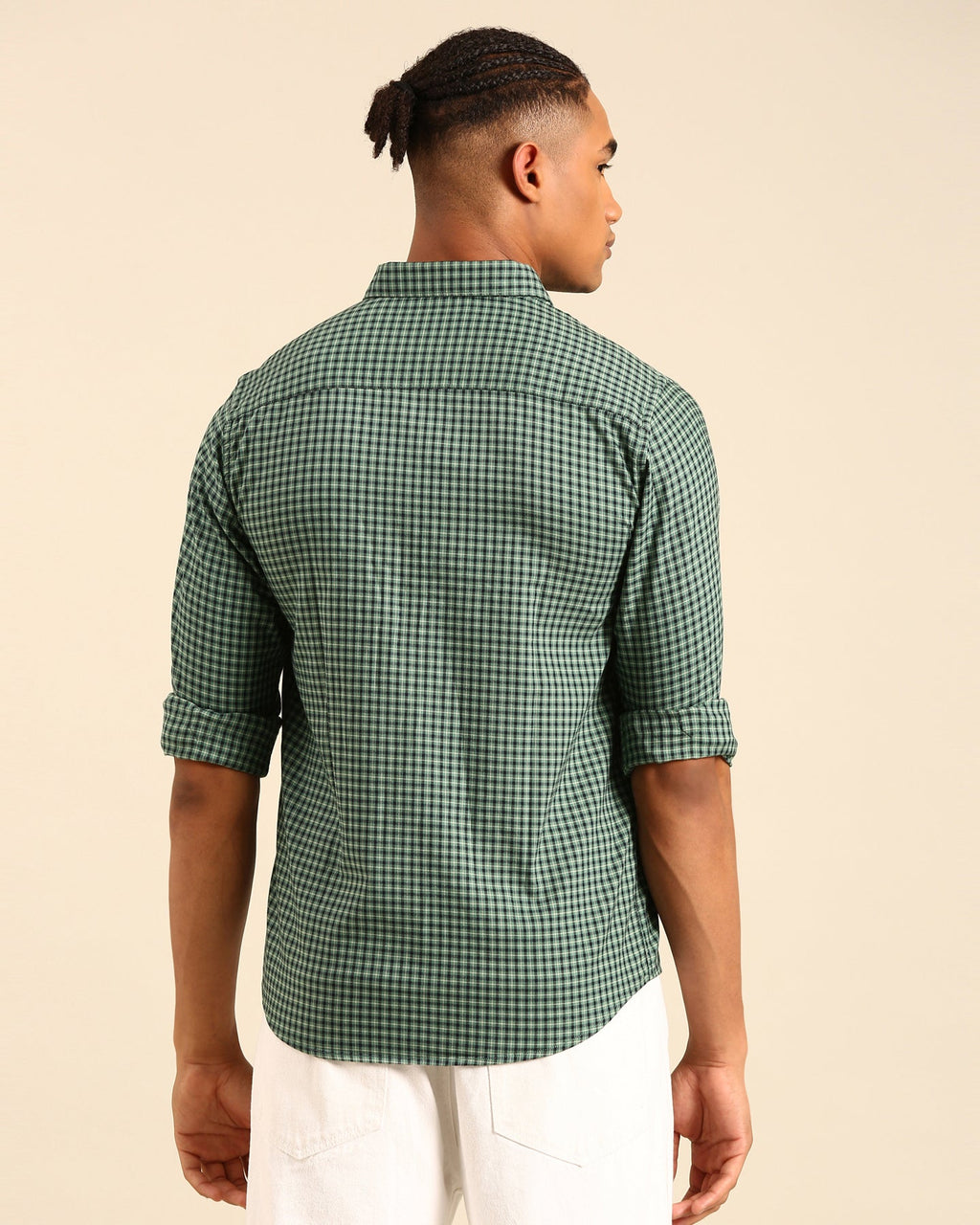Power Lycra Green-Black Gingham Checkered Full Sleeve Shirt