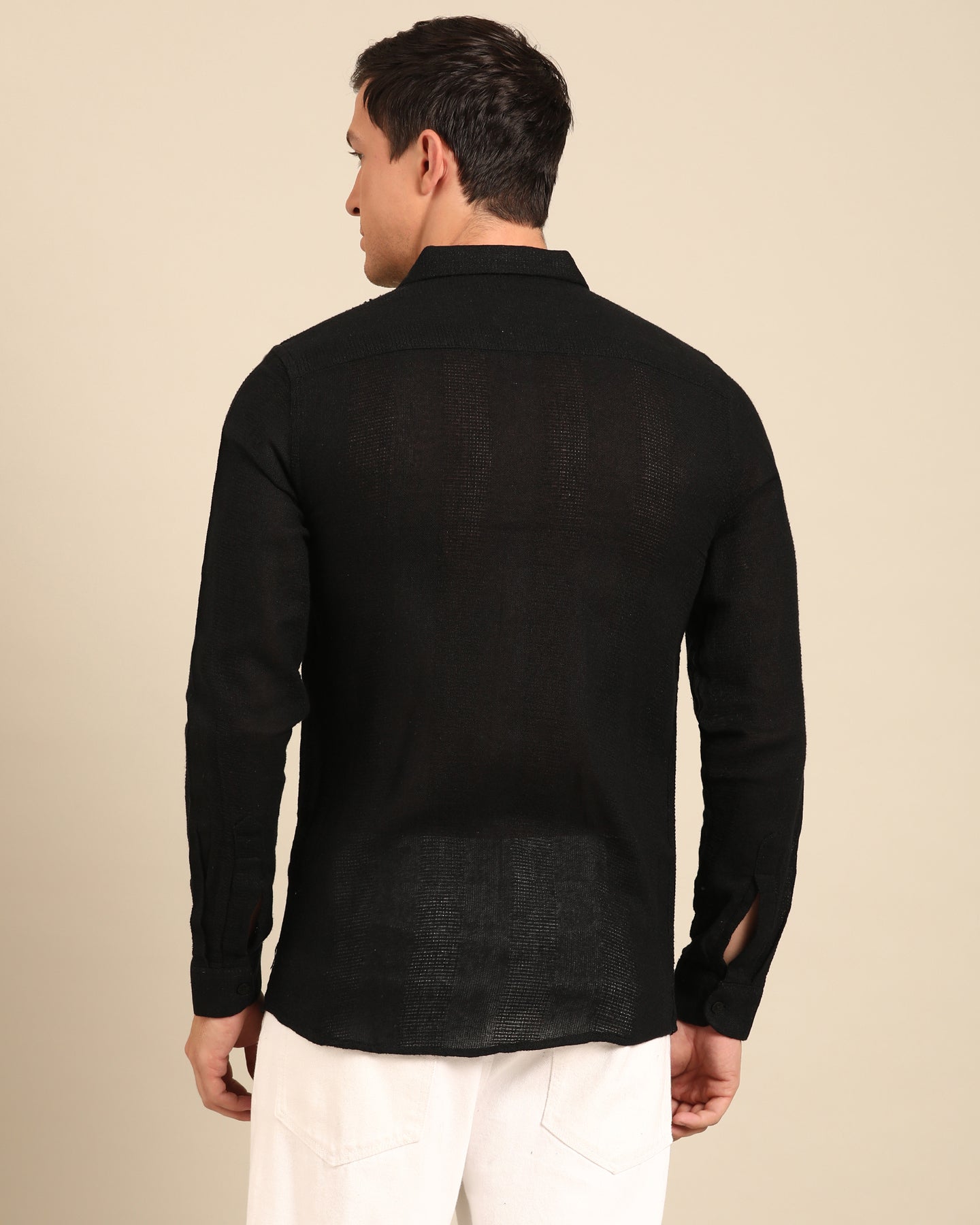 Jute Cotton Solid Black Self Stripe Full Sleeve Shirt