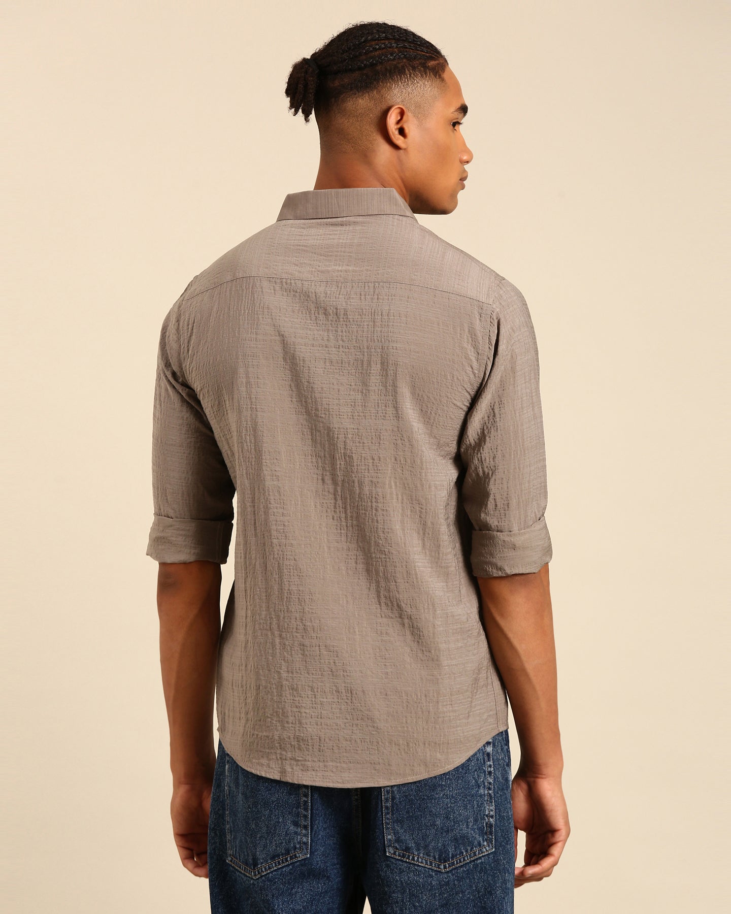Crushed Fabric Solid Brown Full Sleeve Shirt