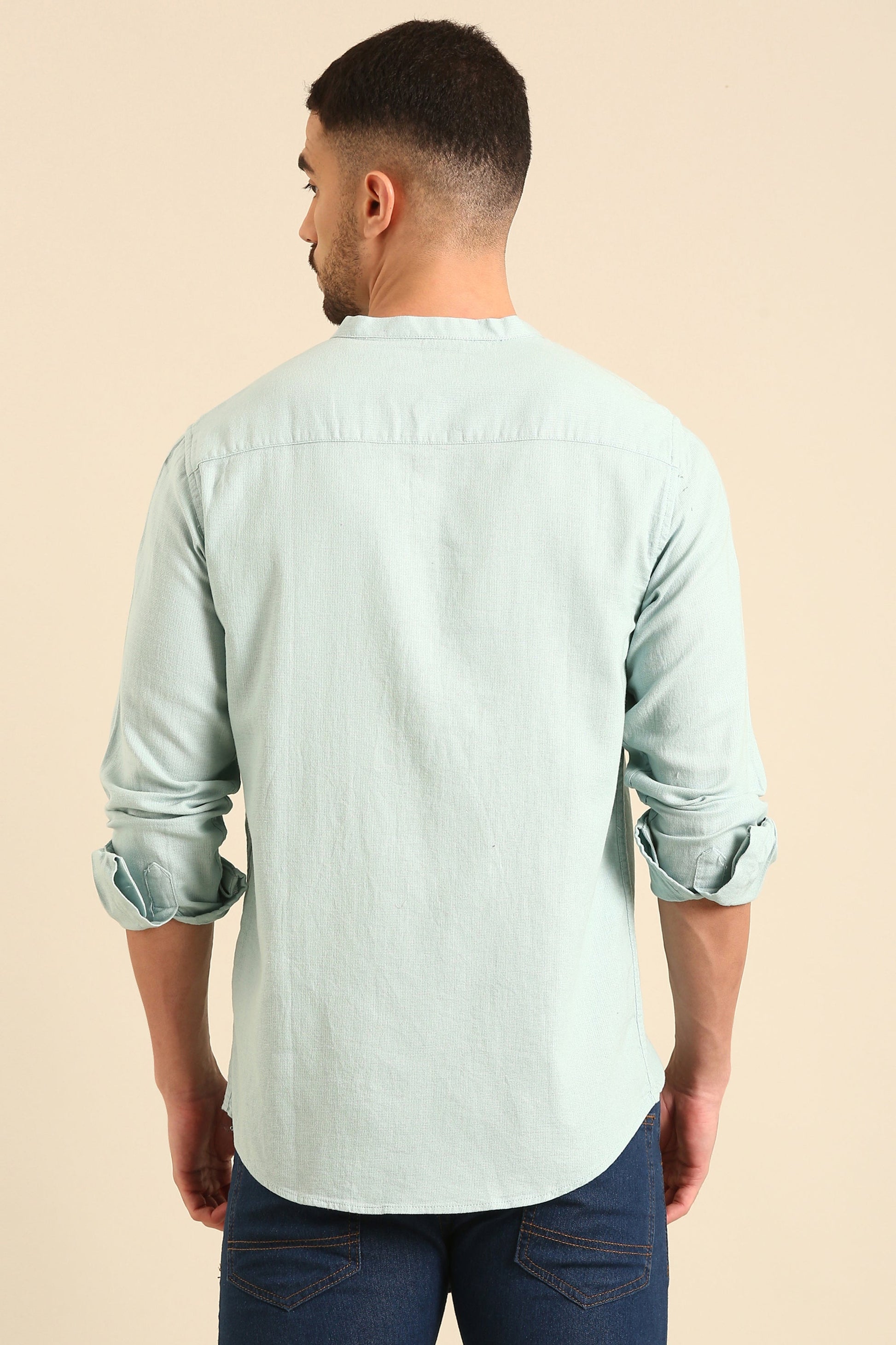 Jute Cotton Dyed Mint green  Full Sleeve Shirt With Band Collar