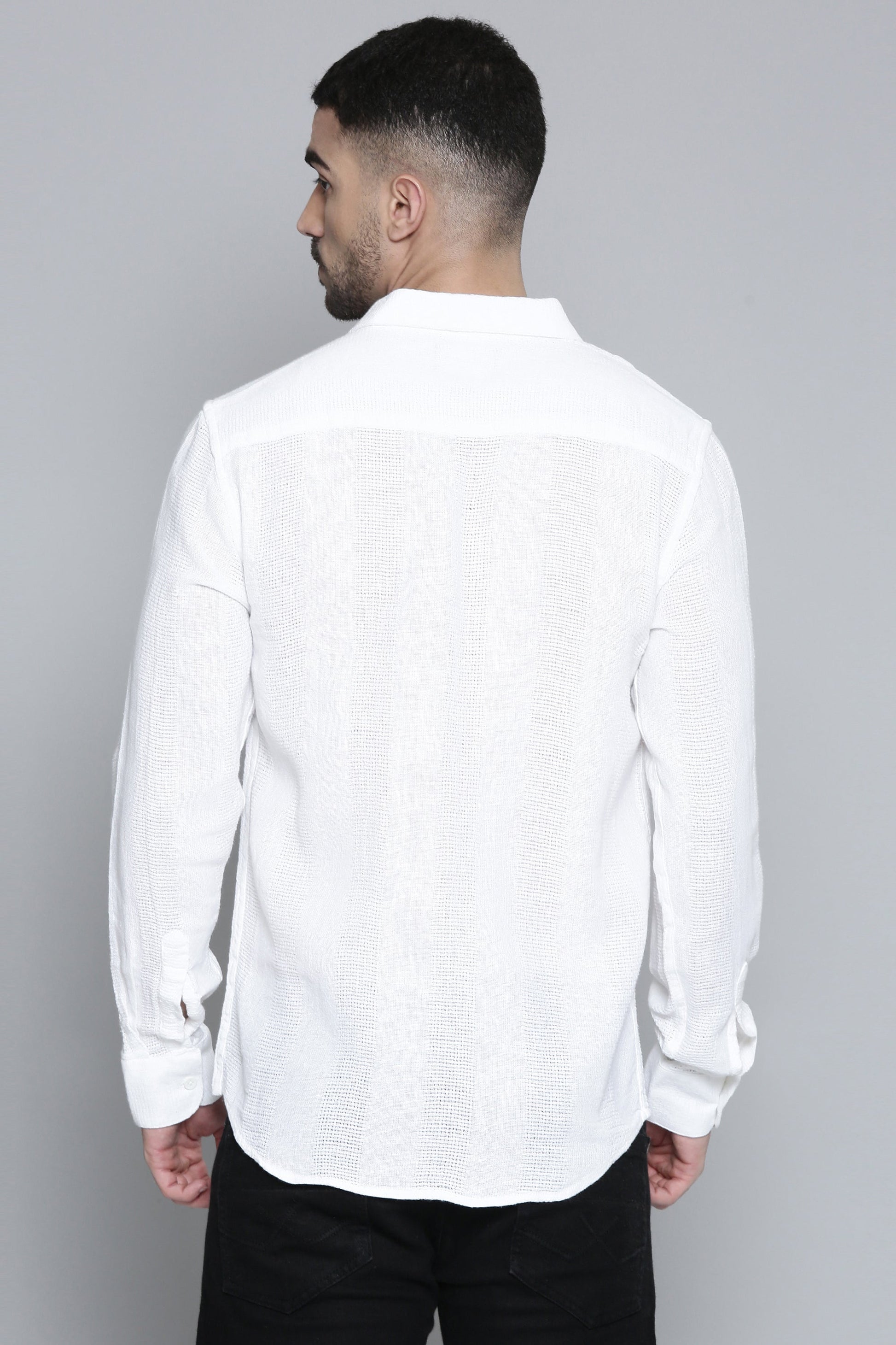Men'S Full White Sleeve Solid Print Jute Shirt