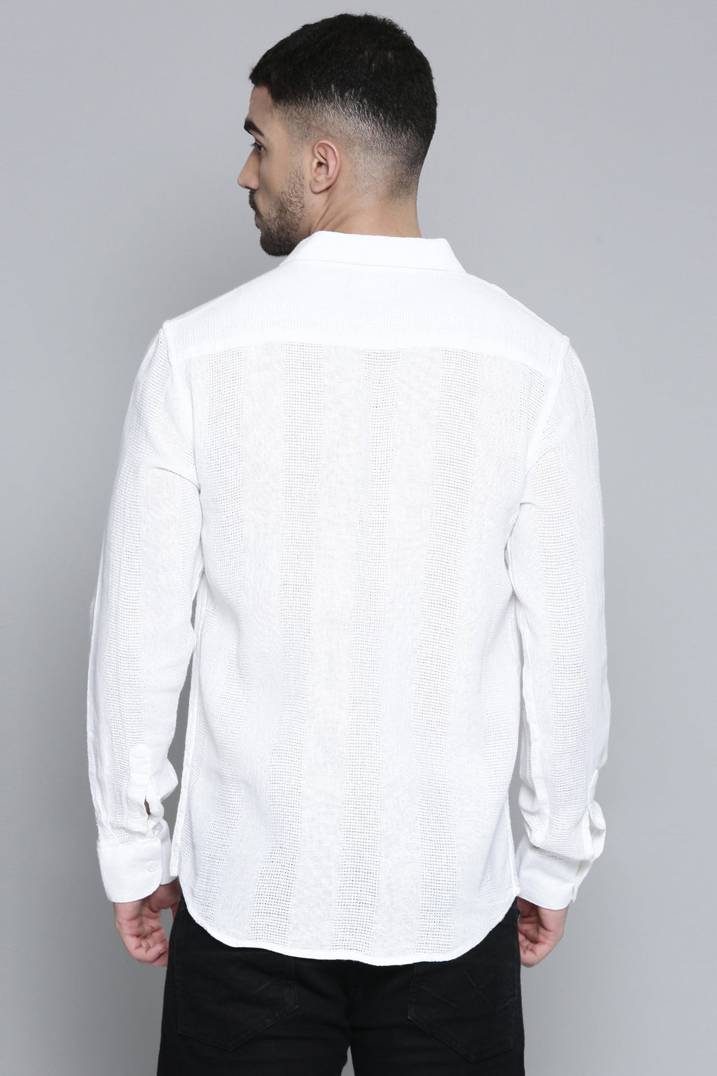 Men'S Full White Sleeve Solid Print Jute Shirt