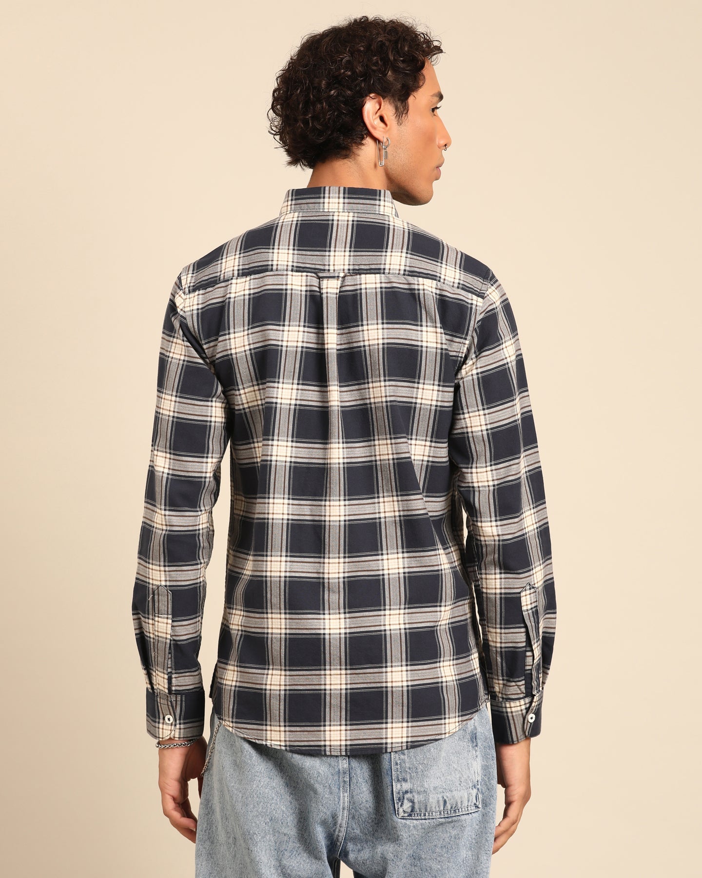 Oxford Yarn Black-White Window Pane Checkered Full Sleeve Shirt