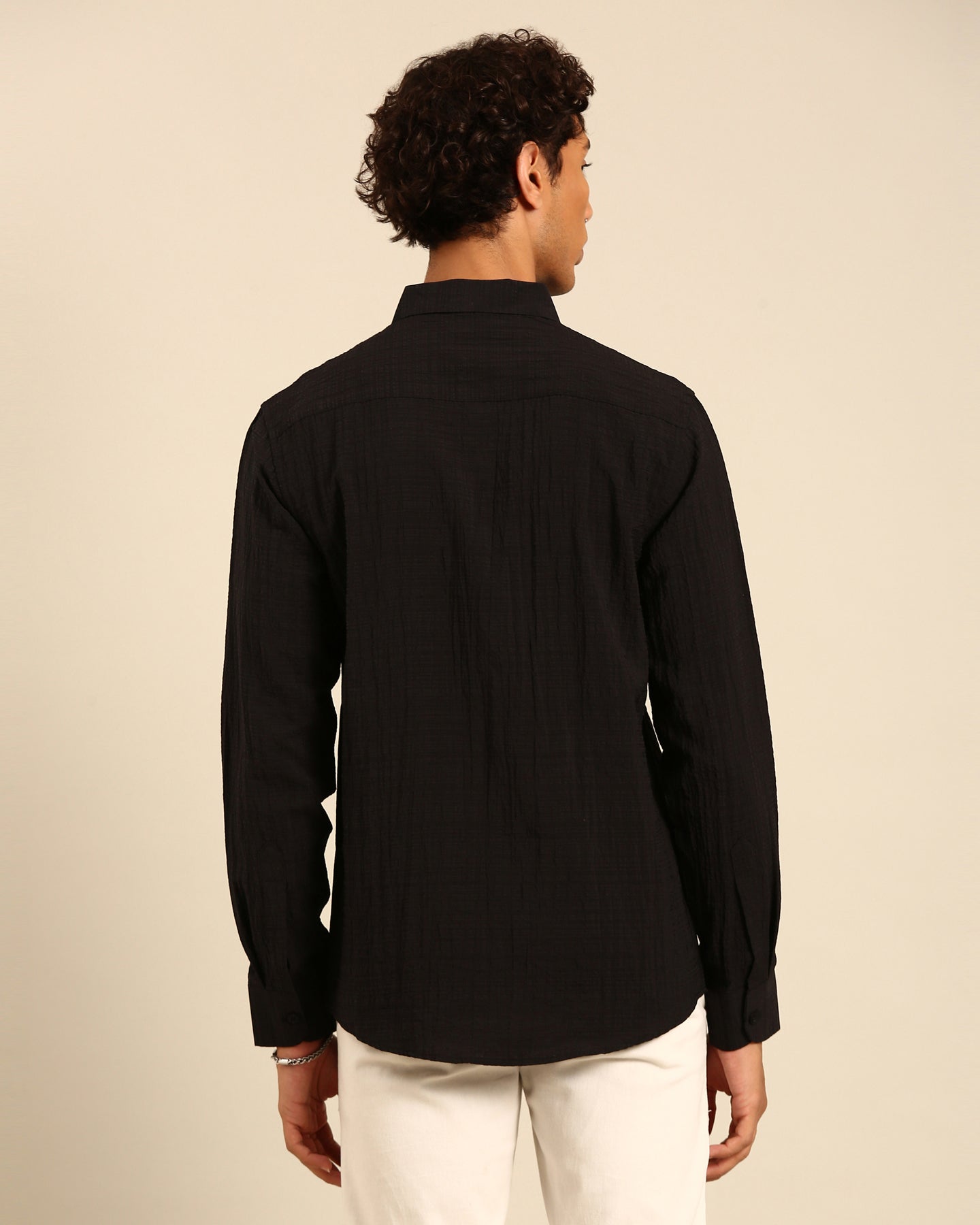 Crushed Fabric Solid Black Full Sleeve Shirt