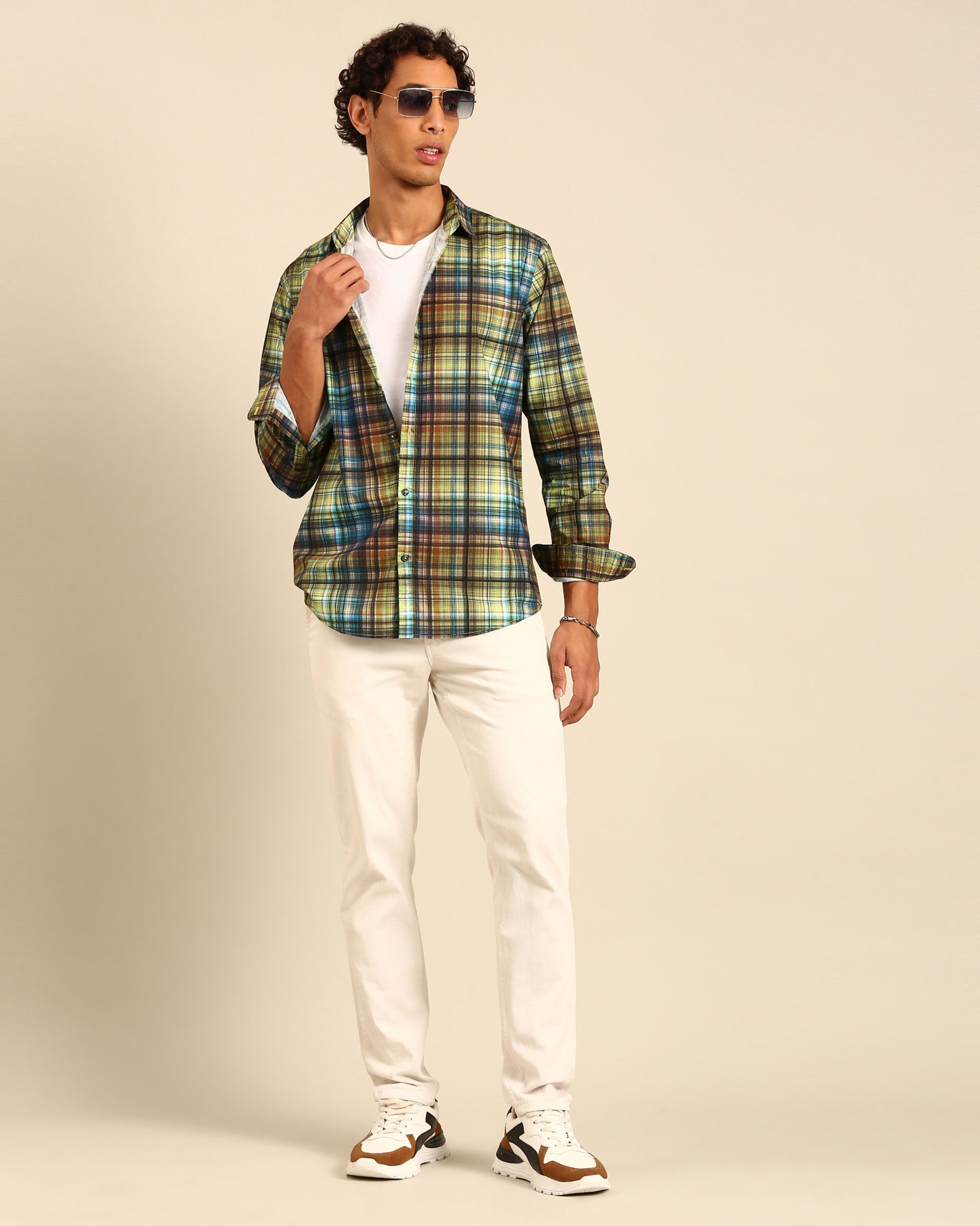 Classic Yellow and Blue Digital Print Madras Checked Full Sleeve Shirt