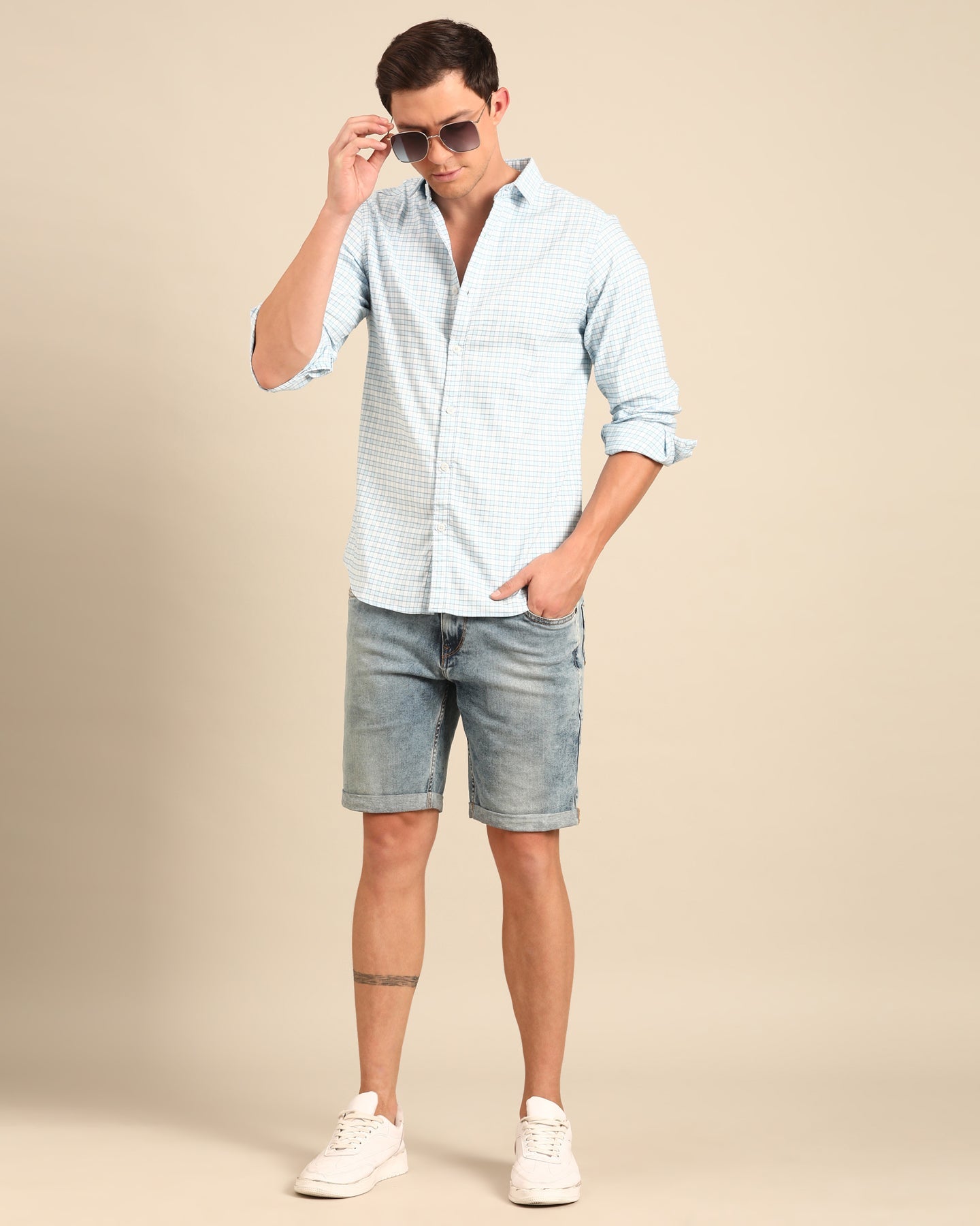 Sky Blue and White Gingham Check Full Sleeve Shirt | Cotton-Lycra Blend