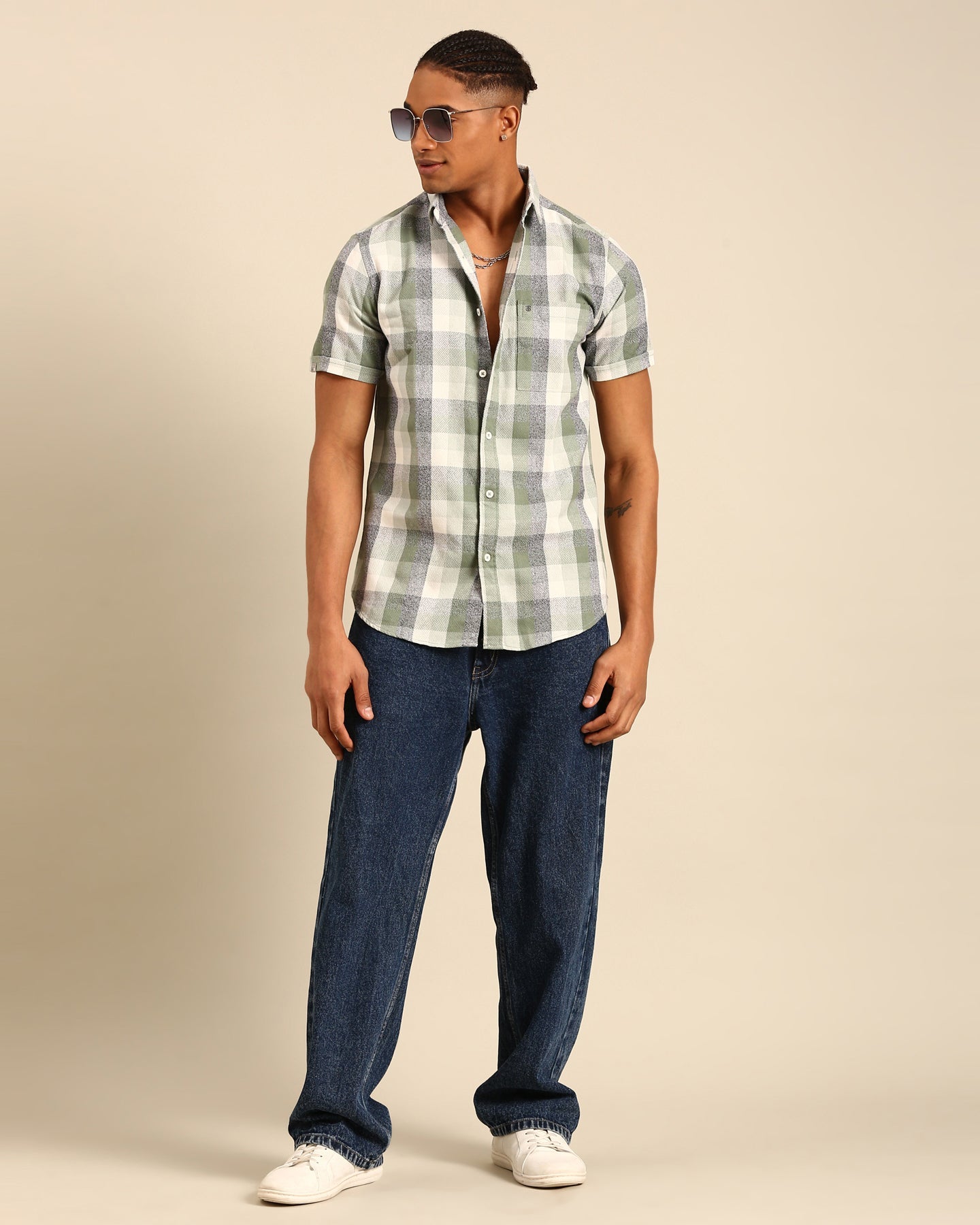 Classic Milange Mint-Green Window pane Checked Full Sleeve Shirt