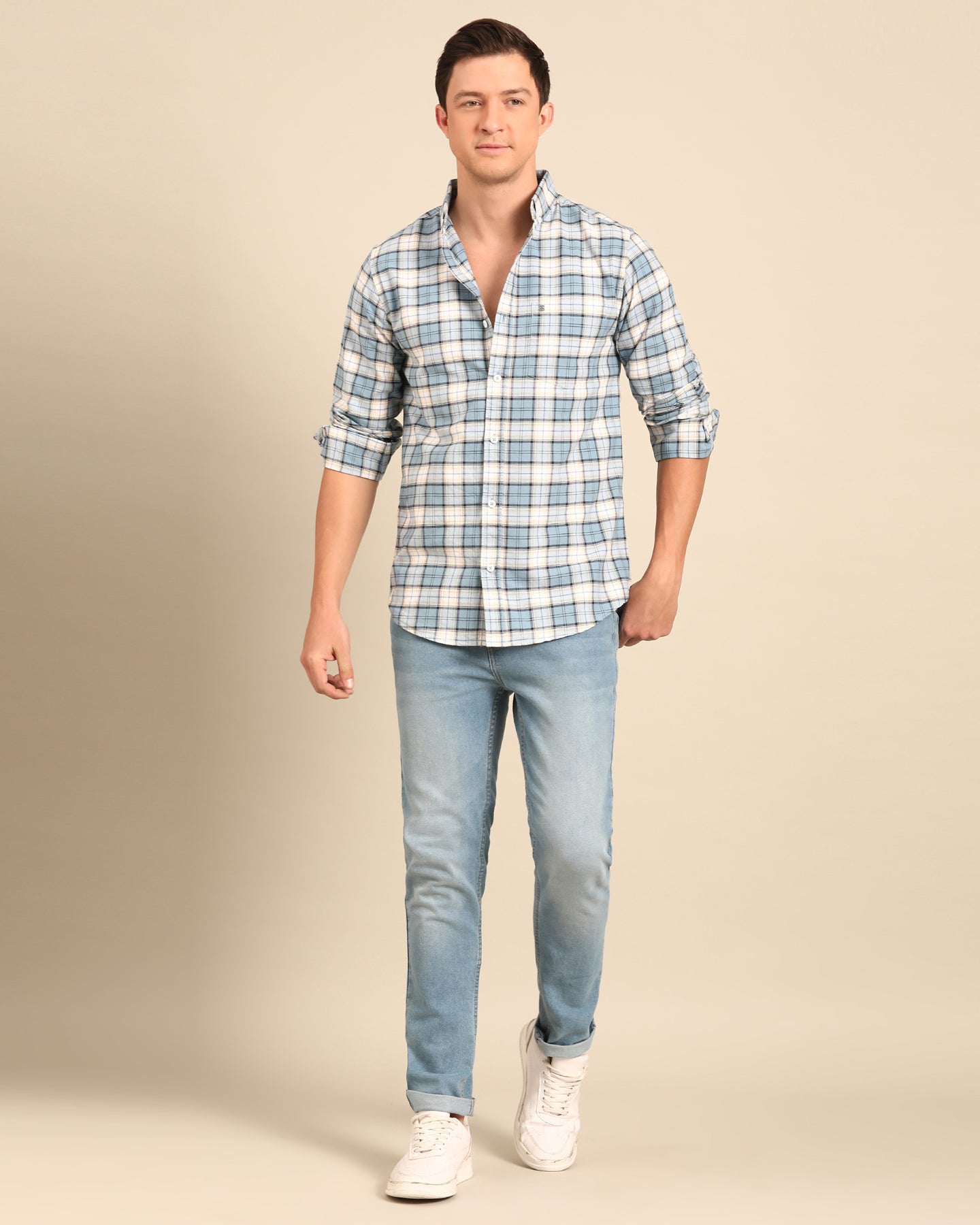 Oxford Yarn Grey Window Pane Checkered Full Sleeve Shirt