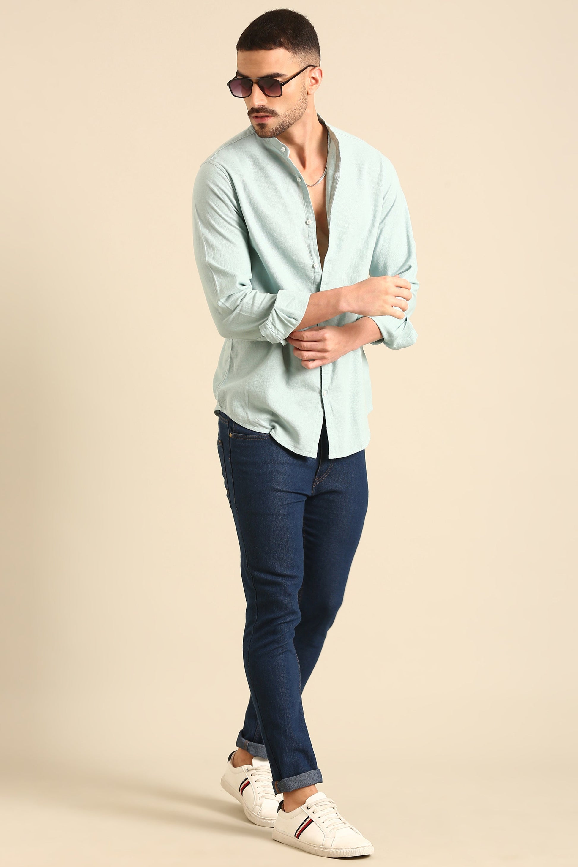 Jute Cotton Dyed Mint green  Full Sleeve Shirt With Band Collar