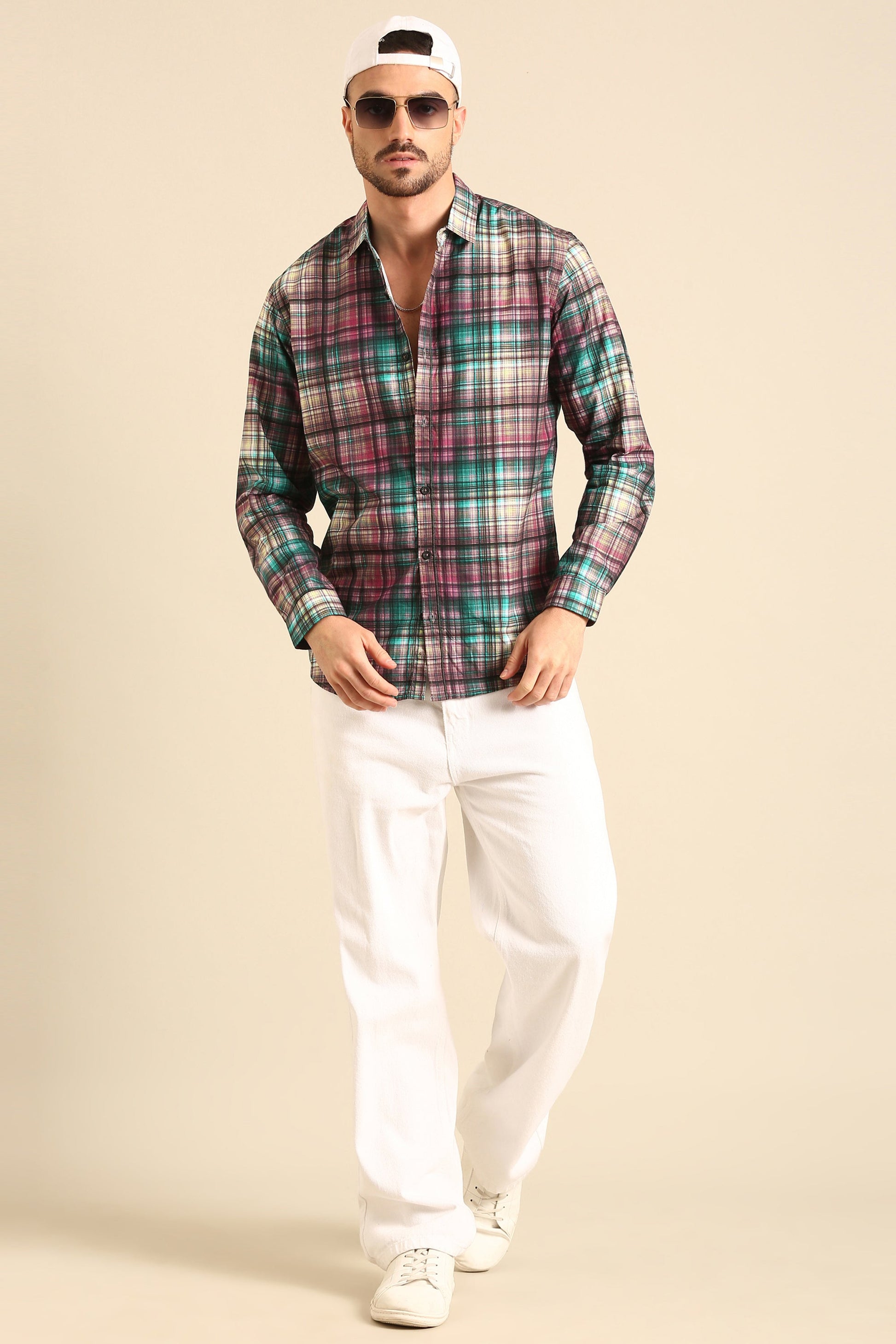 Classic Maroon-Blue Digital Print Checked Full Sleeve Shirt For Men