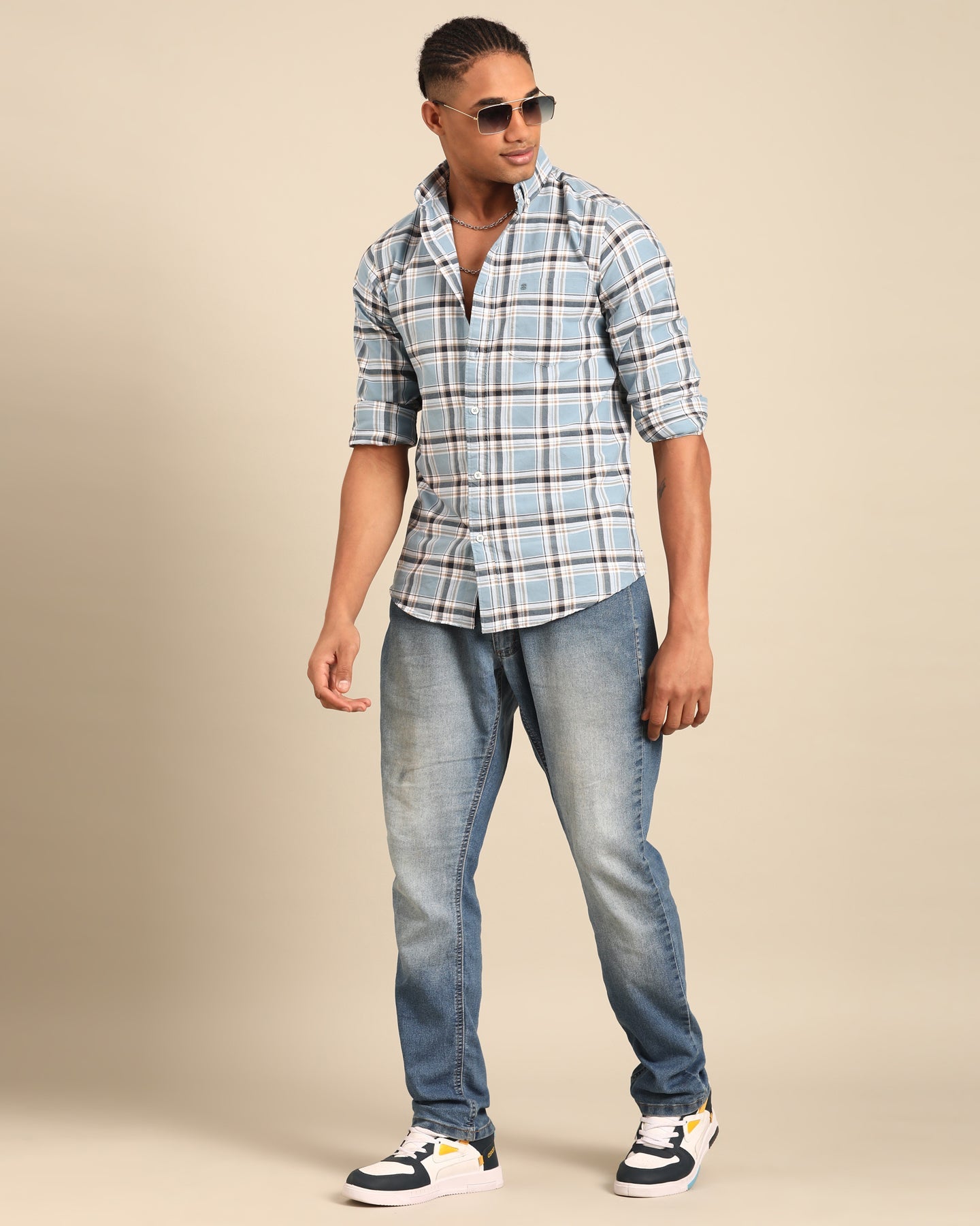 Oxford Yarn Grey Tartan Plaid Checkered Full Sleeve Shirt
