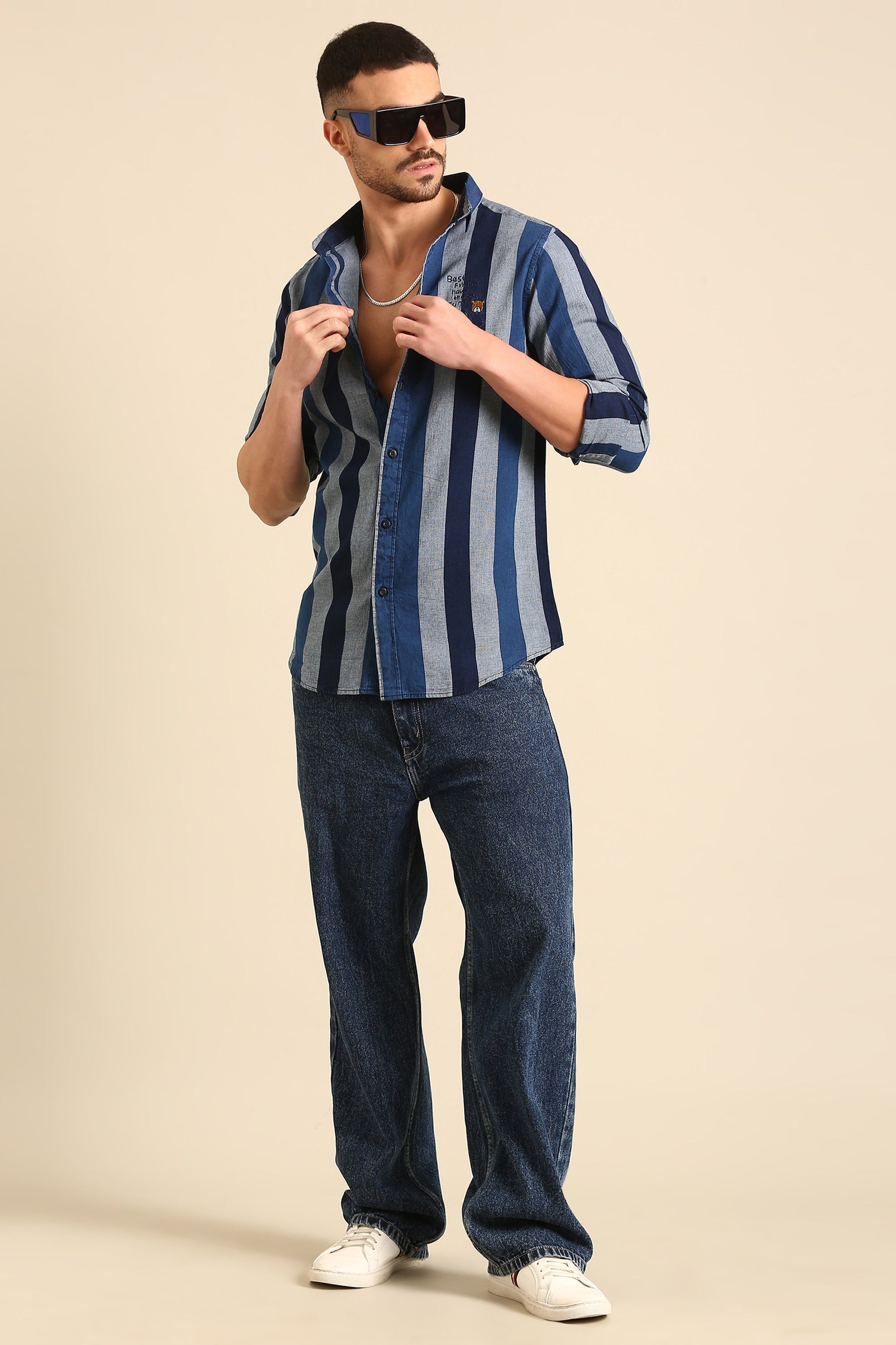 Men'S Full Sleeve Indigo -Grey  Stripe Print Viscose Shirt
