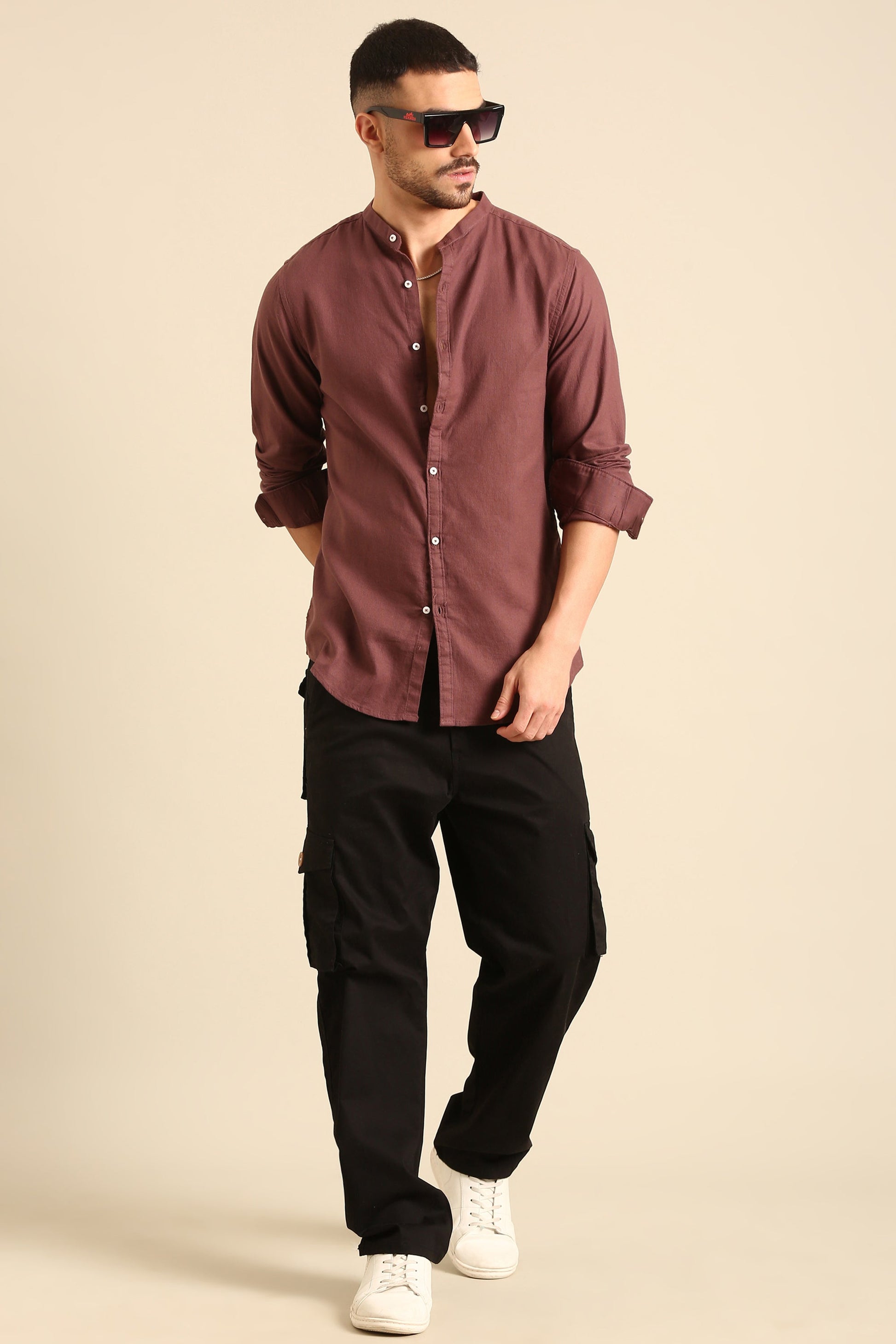 Jute Cotton Dyed Brown  Full Sleeve Shirt With Band Collar