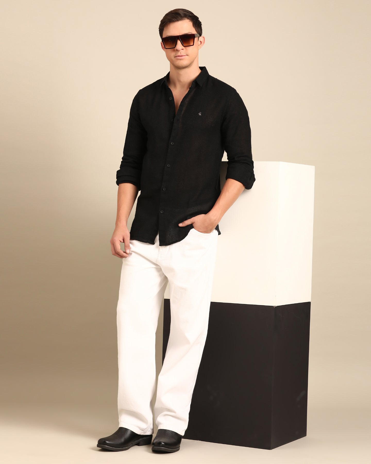 Jute Cotton Solid Black Self Stripe Full Sleeve Shirt