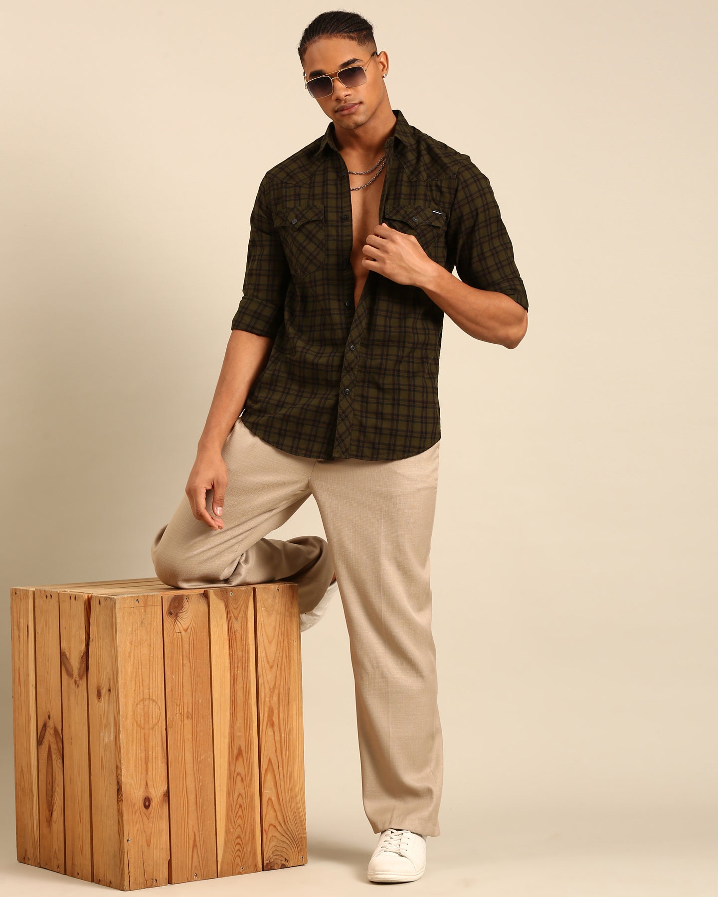 Over Yarn Dyed Tartan Plaid Olive GreenFull Sleeve Shirt