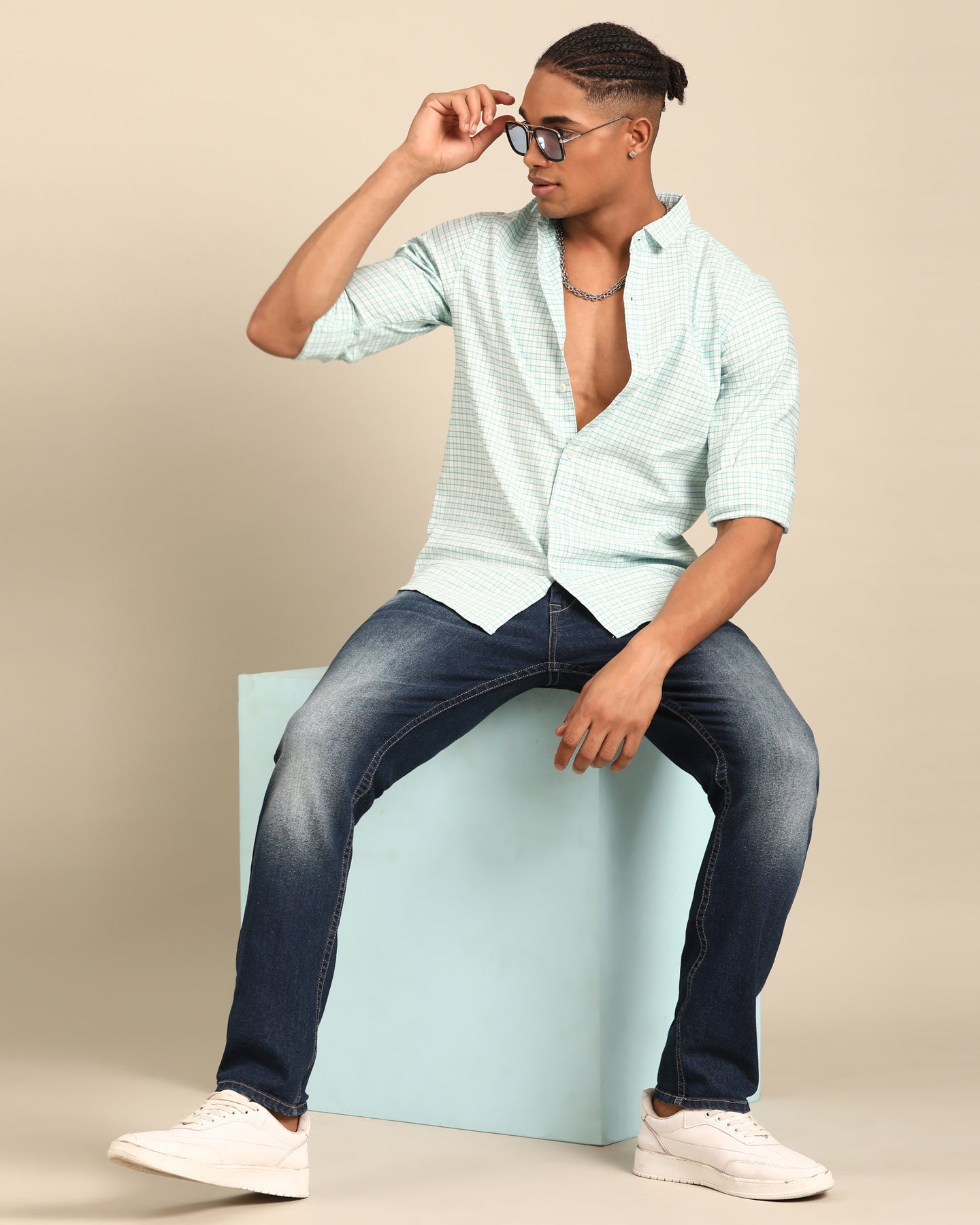 Sky Blue and White Gingham Check Full Sleeve Shirt | Cotton-Lycra Blend