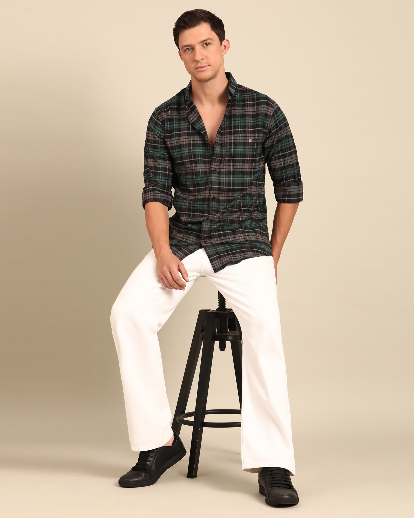 Oxford Yarn Dyed Green Grey Tartan Plaid Full Sleeve Checkered Shirt