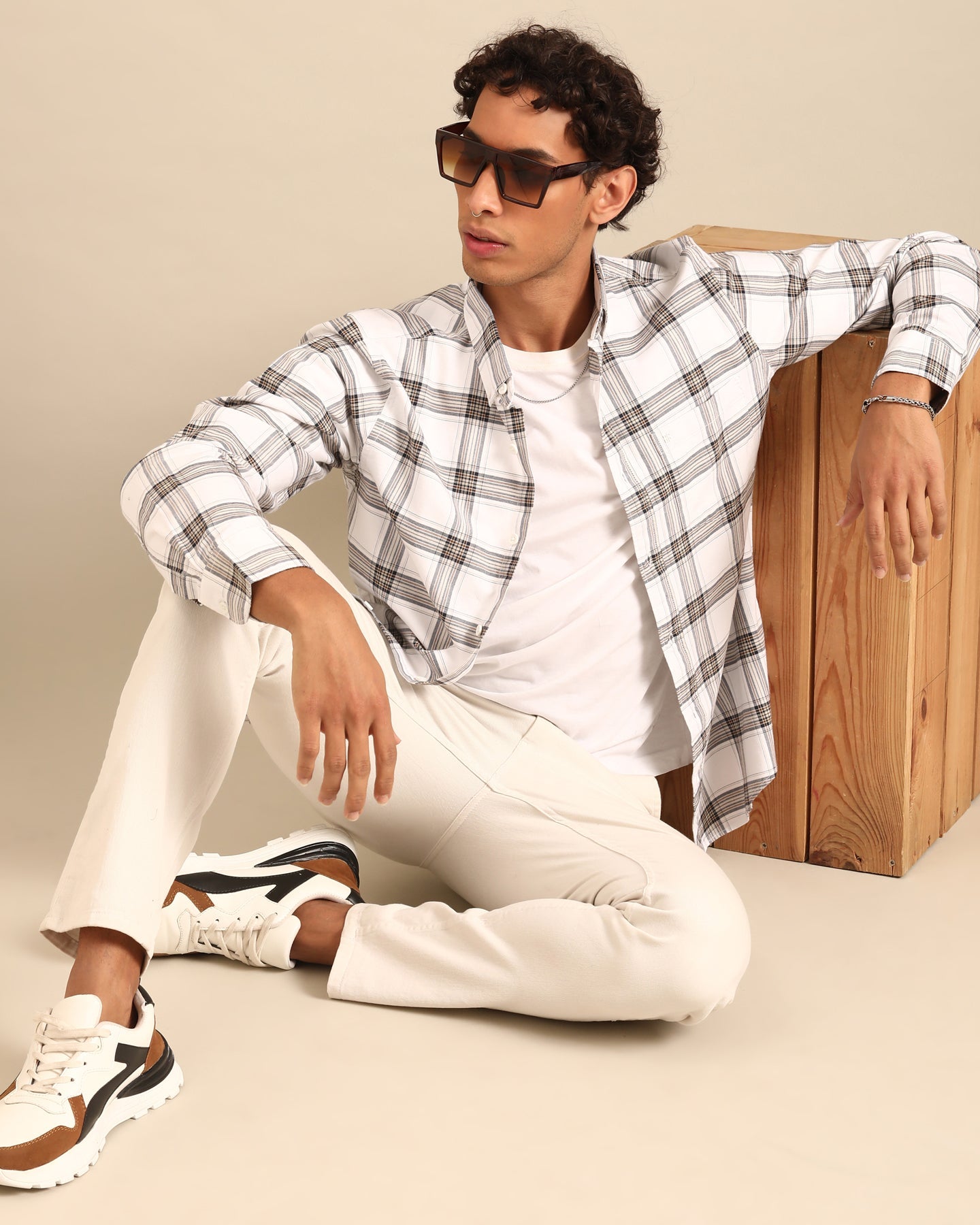 Oxford Yarn White-Black Window Pane Checkered Full Sleeve Shirt