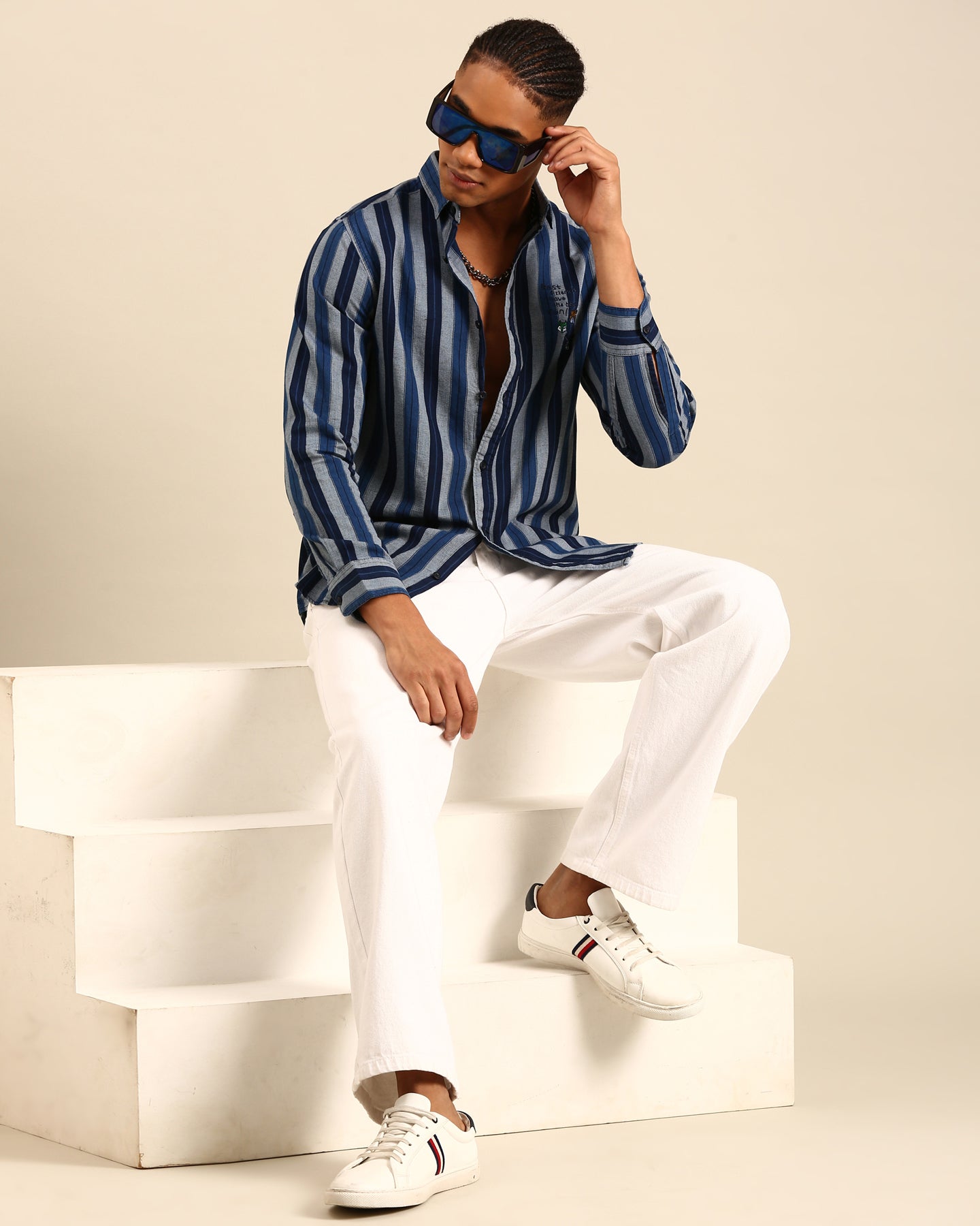 Yarn Dyed Indigo Variegated Stripe Navy Blue-Grey Full Sleeve Shirt