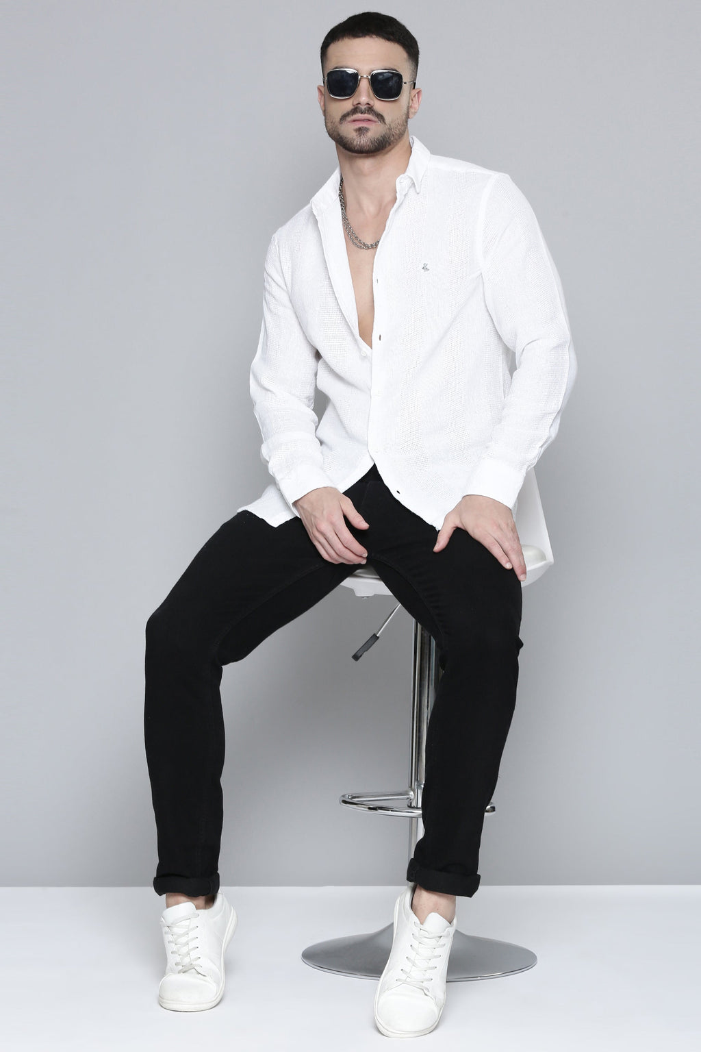 Men'S Full White Sleeve Solid Print Jute Shirt