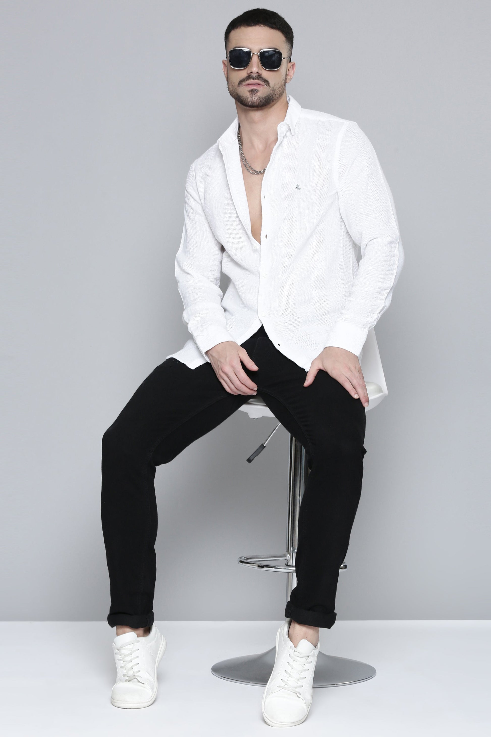 Men'S Full White Sleeve Solid Print Jute Shirt