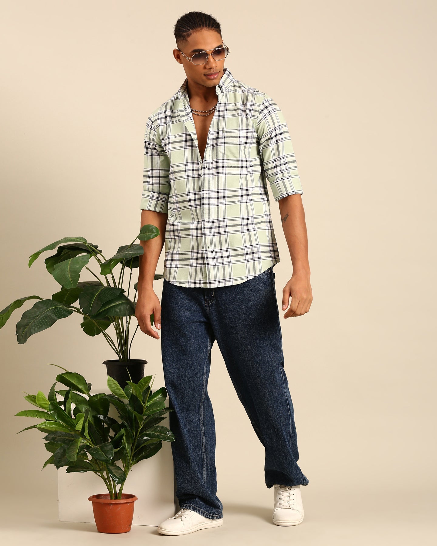 Oxford Yarn Mint Green Tartan Plaid Checkered Full Sleeve Shirt